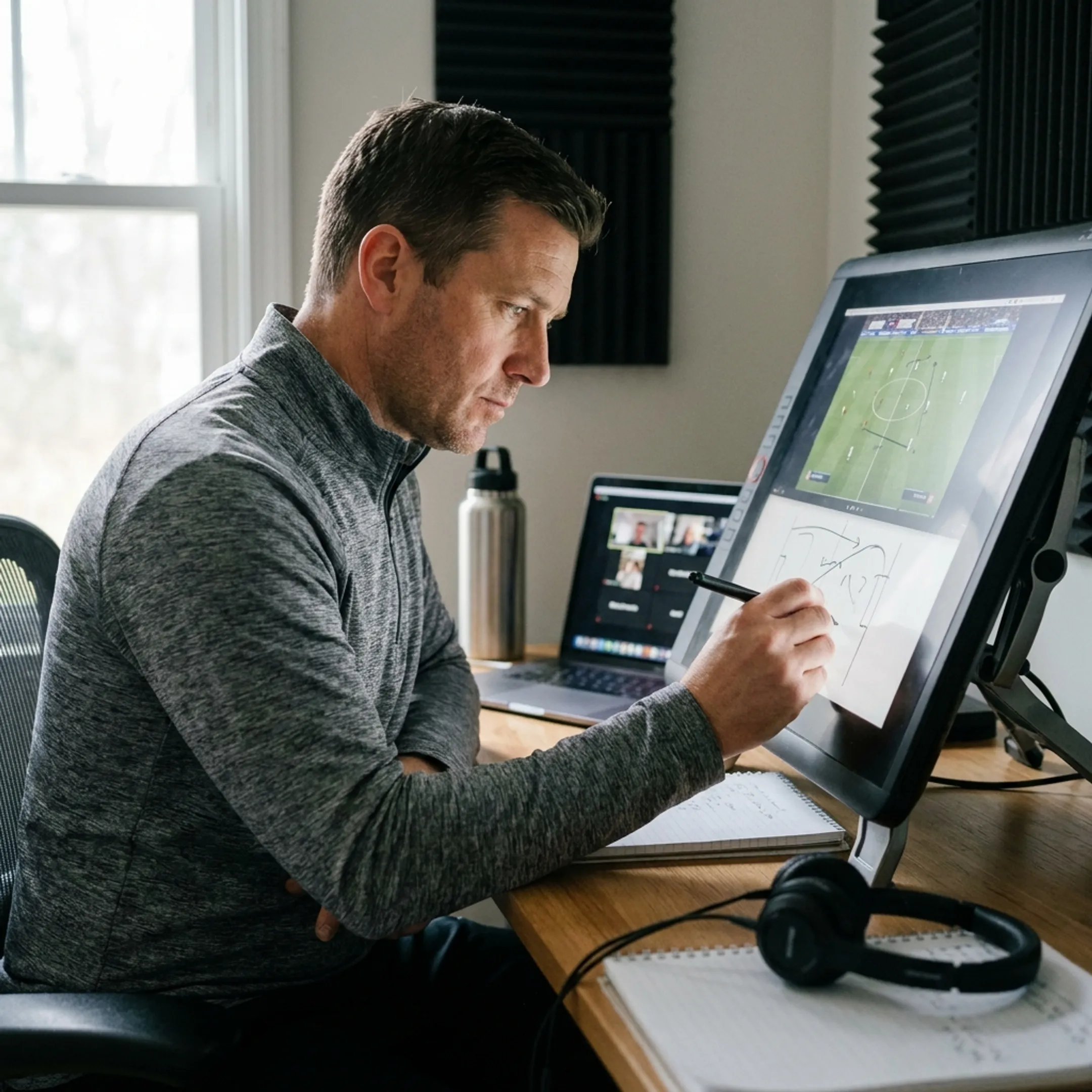 Split screen showing online soccer coach analyzing match positioning diagrams