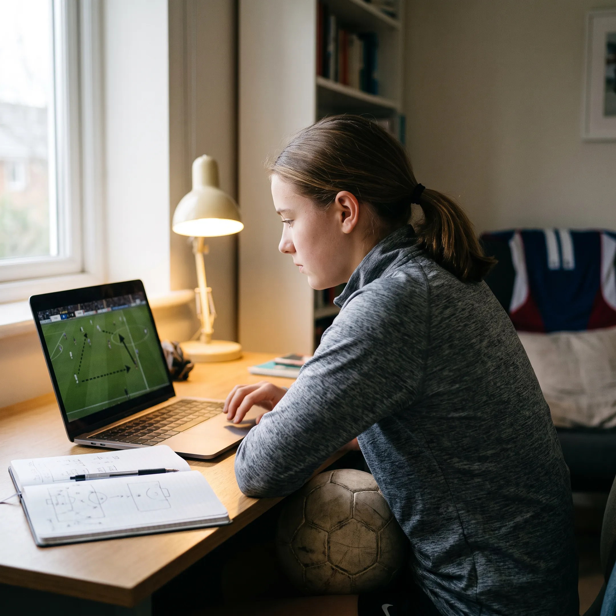 Soccer player reviewing game film on a laptop with tactical analysis graphics