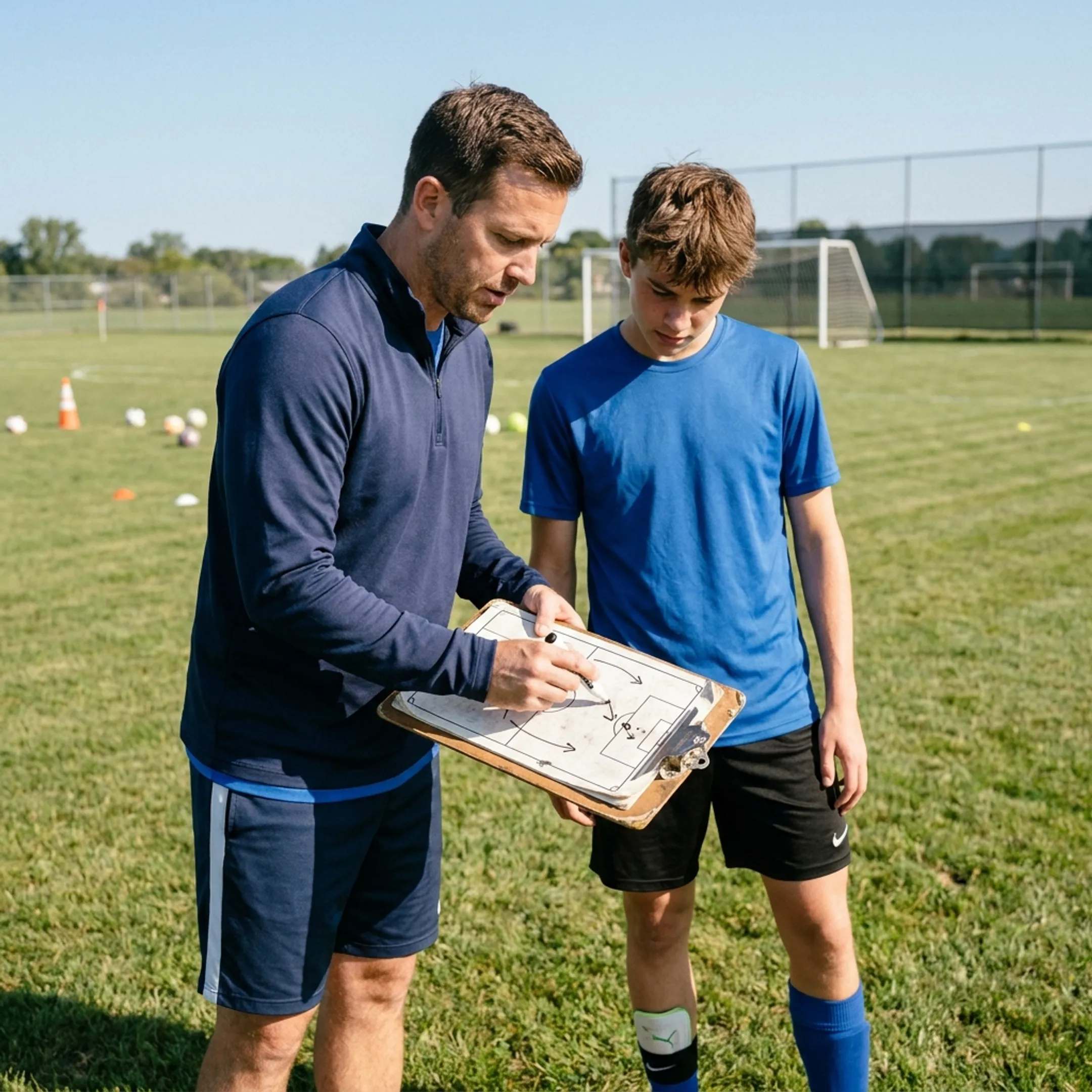Soccer coach reviewing tactical play on field with young athlete