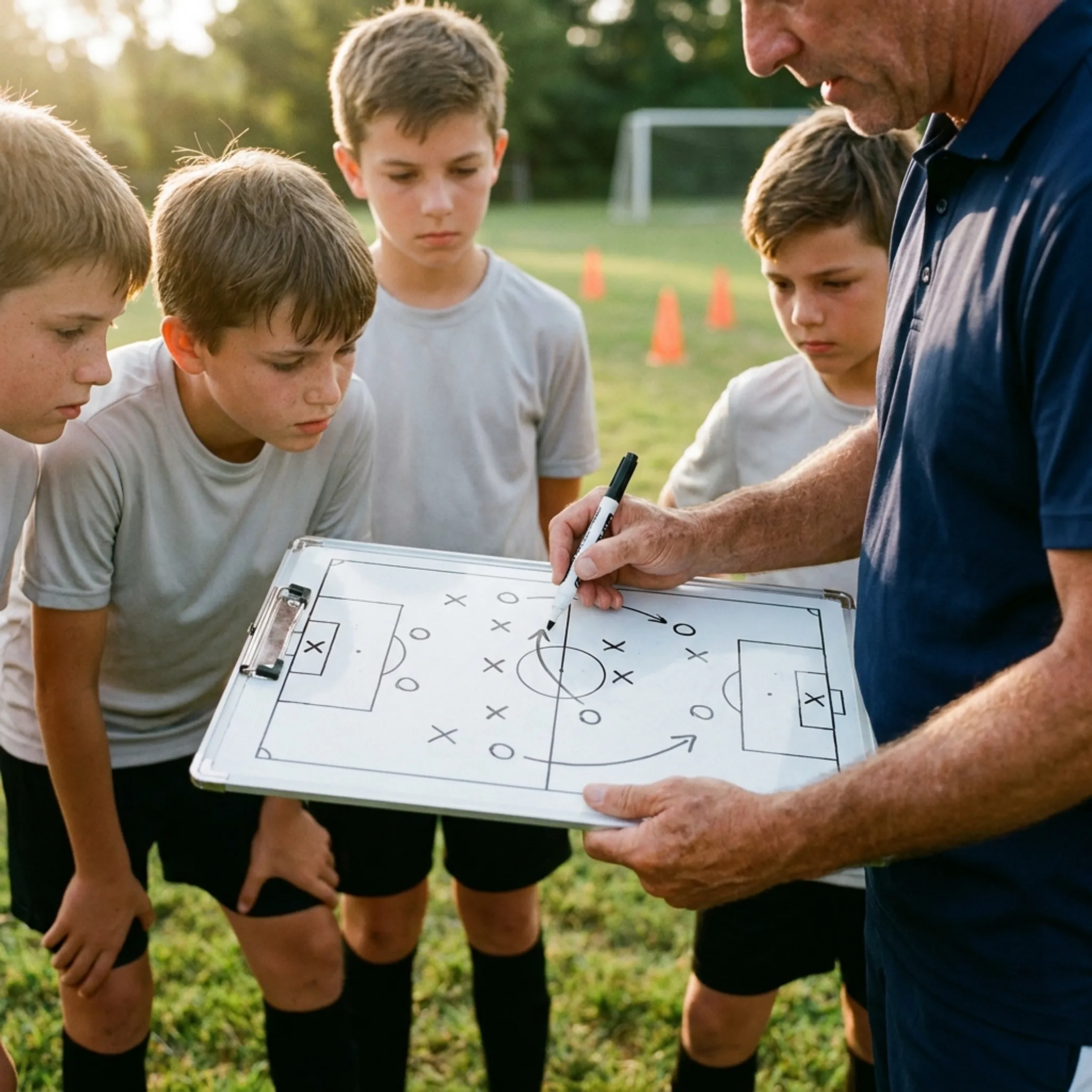 Soccer coach demonstrating tactical positioning on a tactical board