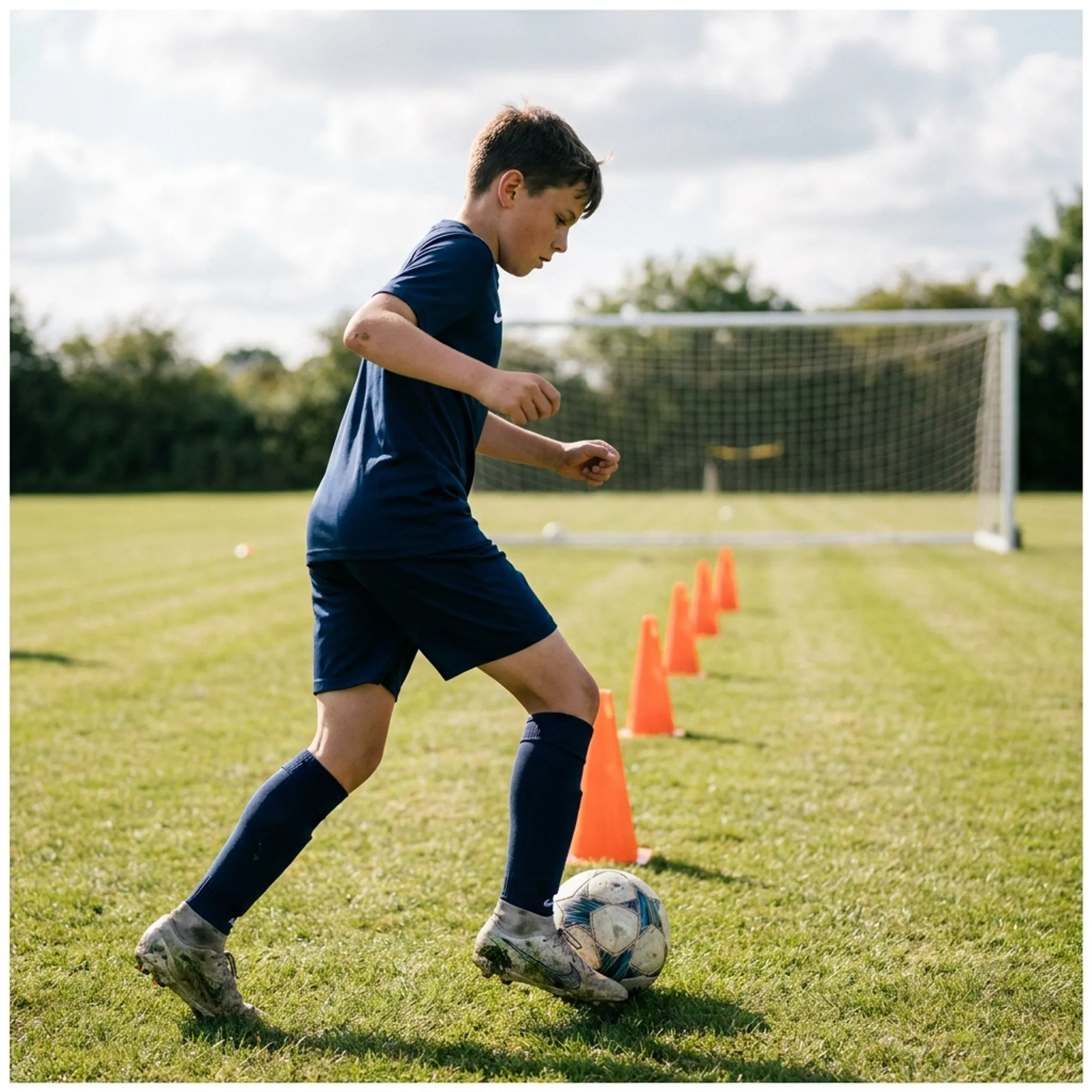 Competitive youth soccer player executing a pass during training in San Diego