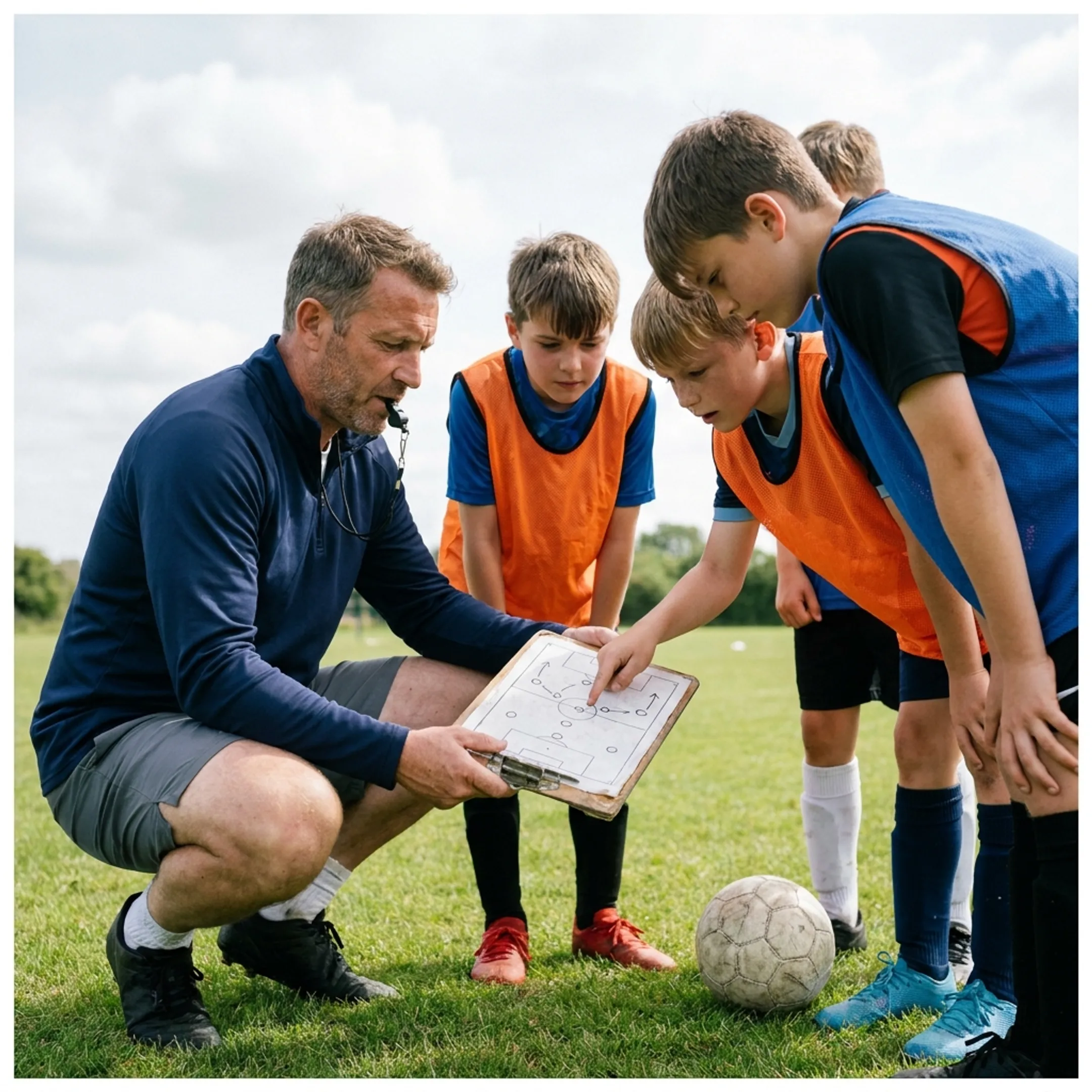 Soccer coach demonstrating tactical spatial awareness to young athletes on the pitch