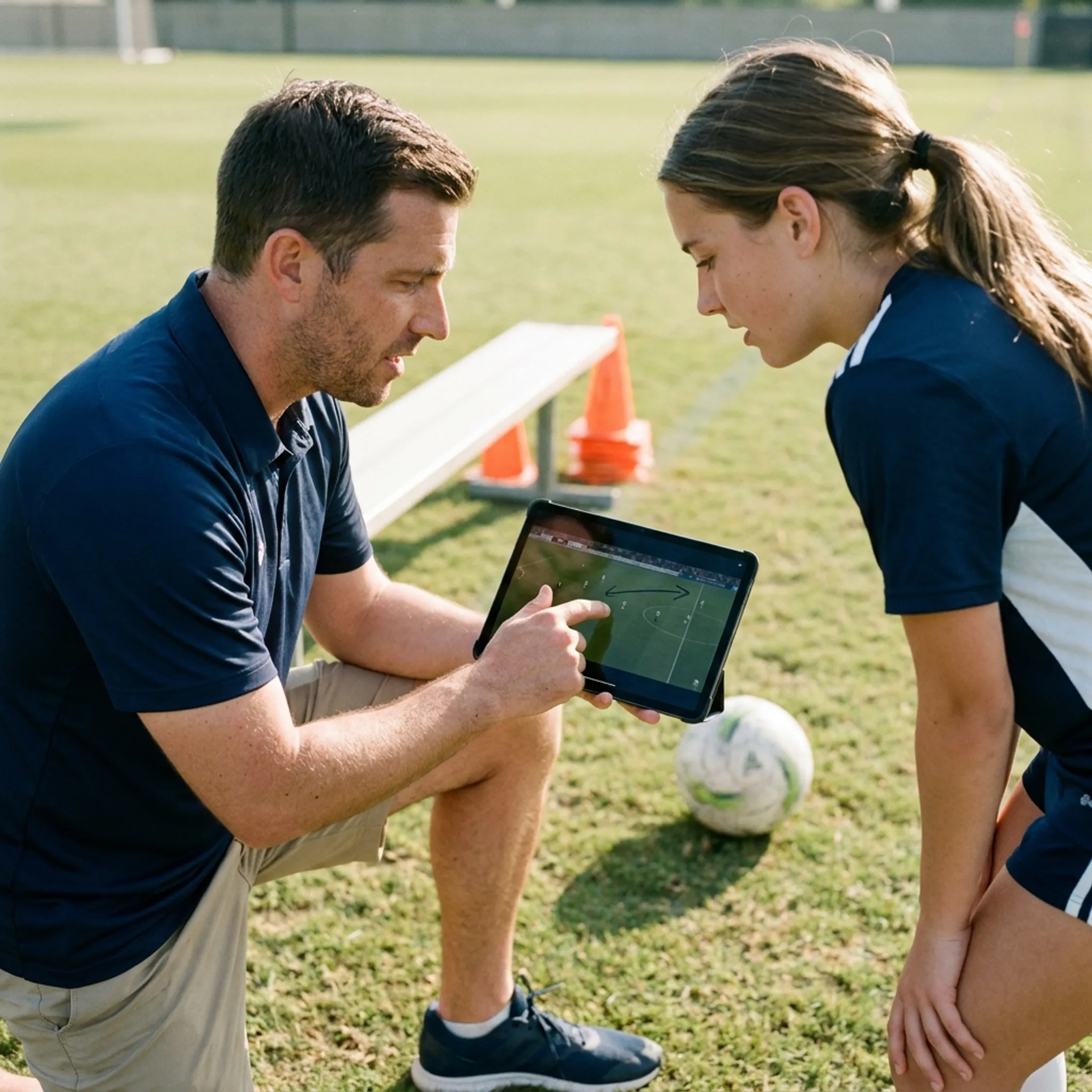 Soccer coach analyzing tactical film with an athlete