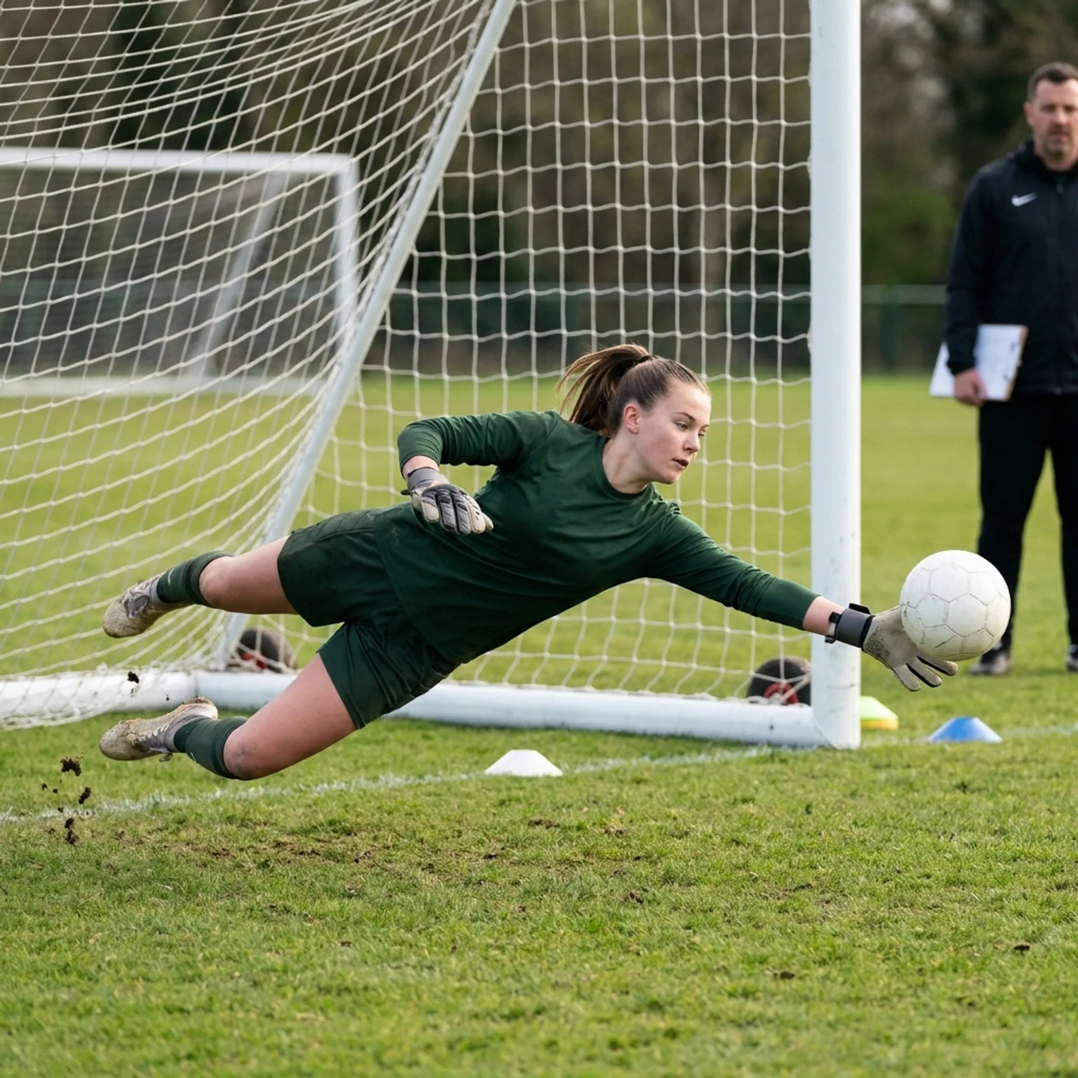 Youth soccer goalkeeper practicing dive drills during training session