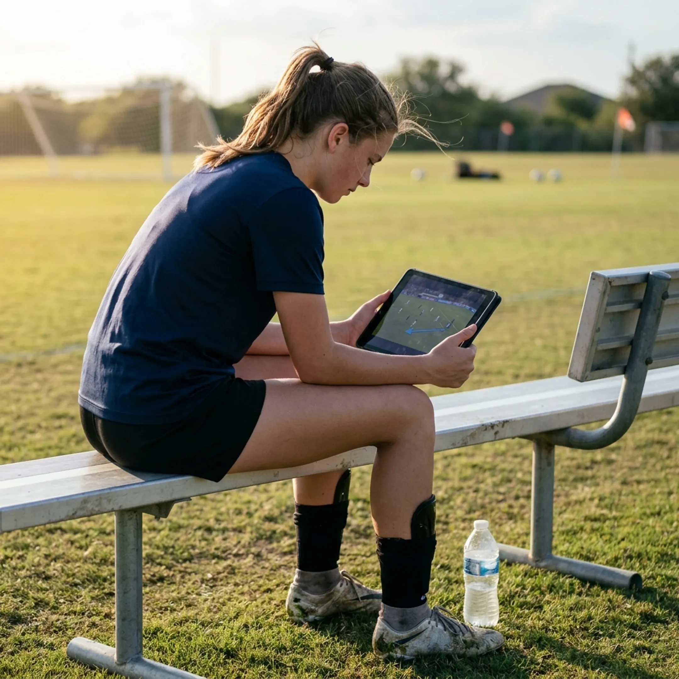 Youth soccer player reviewing training materials on a digital tablet.