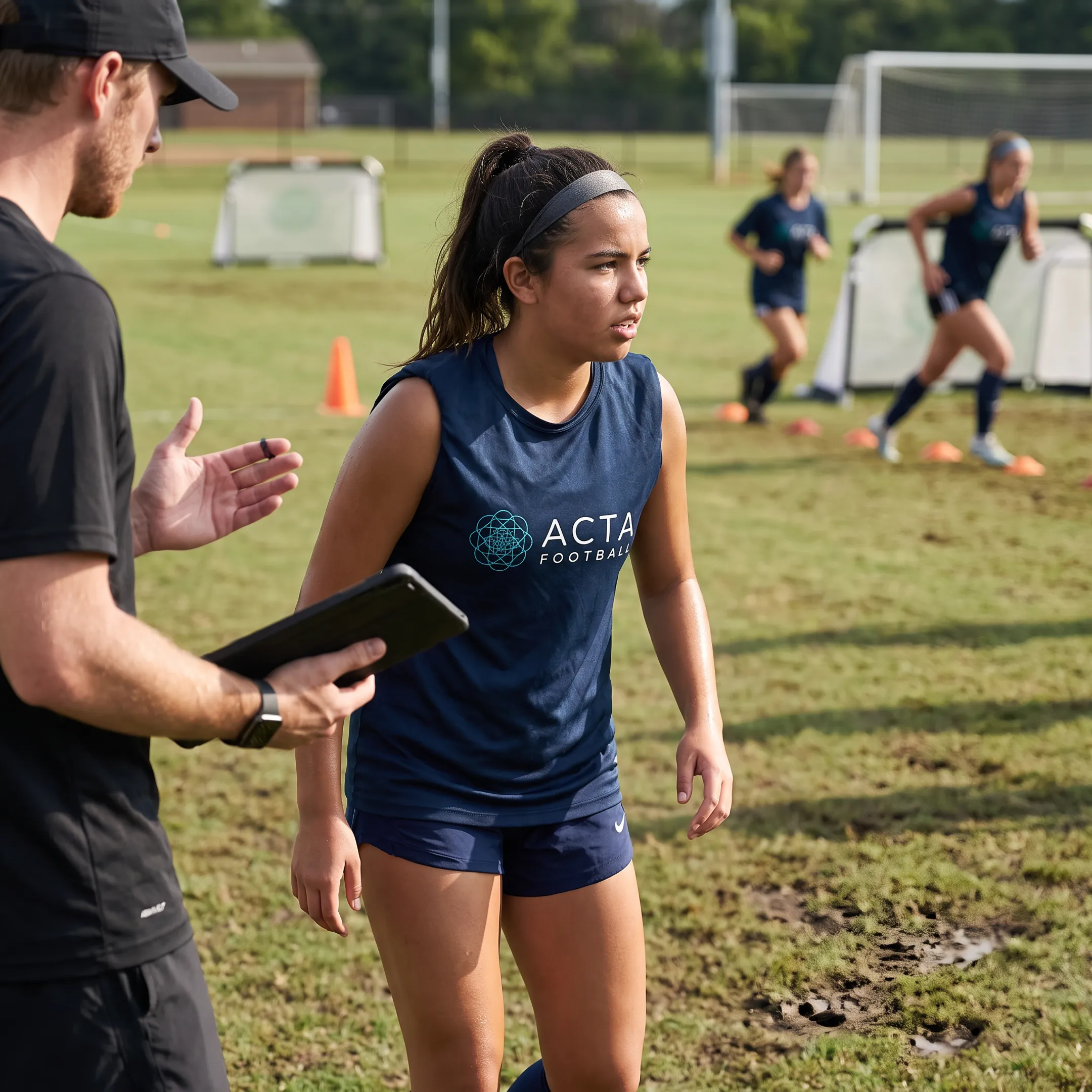 Junior soccer player training with a coach