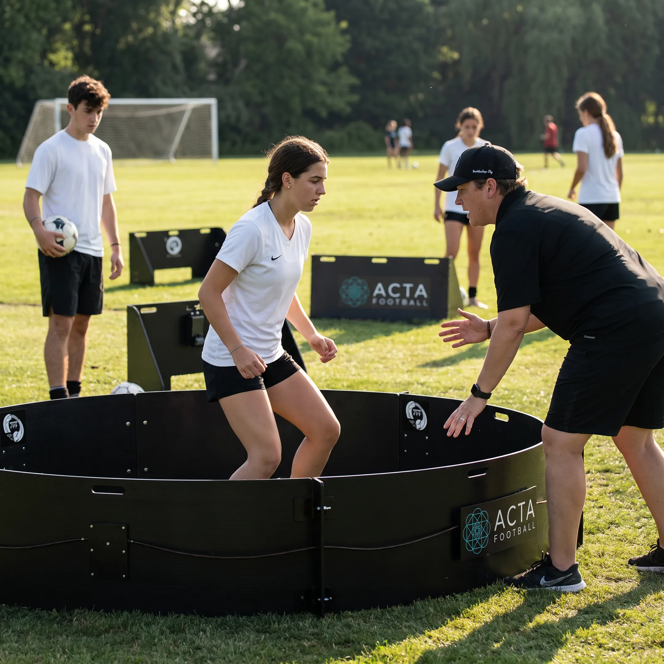 Youth soccer player training with a coach