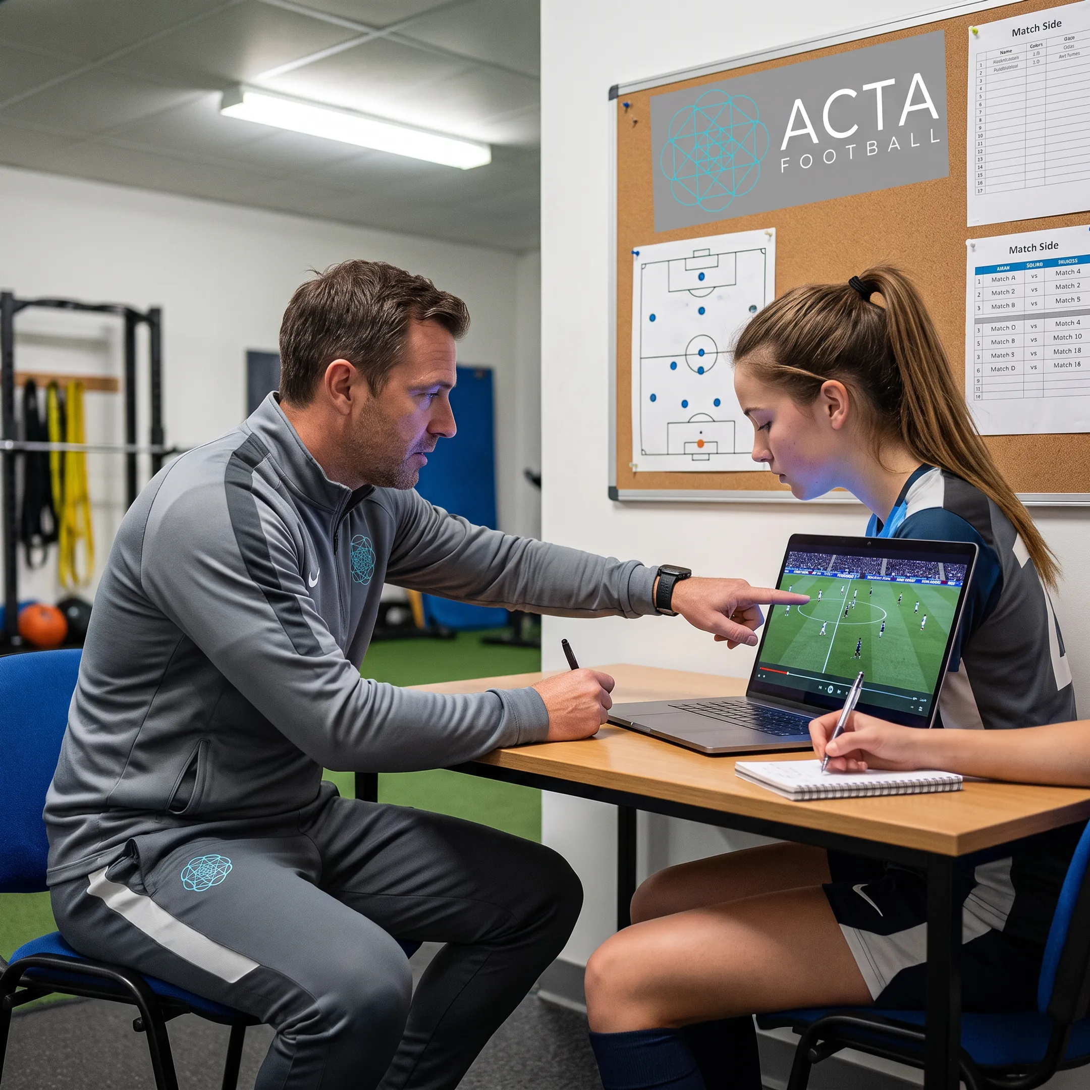 Coach reviewing soccer match footage with player