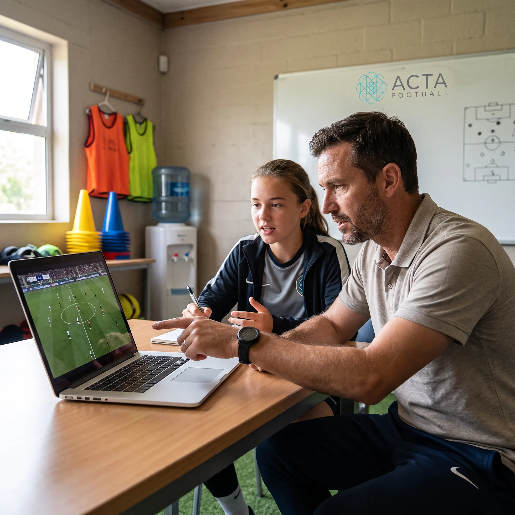 Coach reviewing soccer match film with player