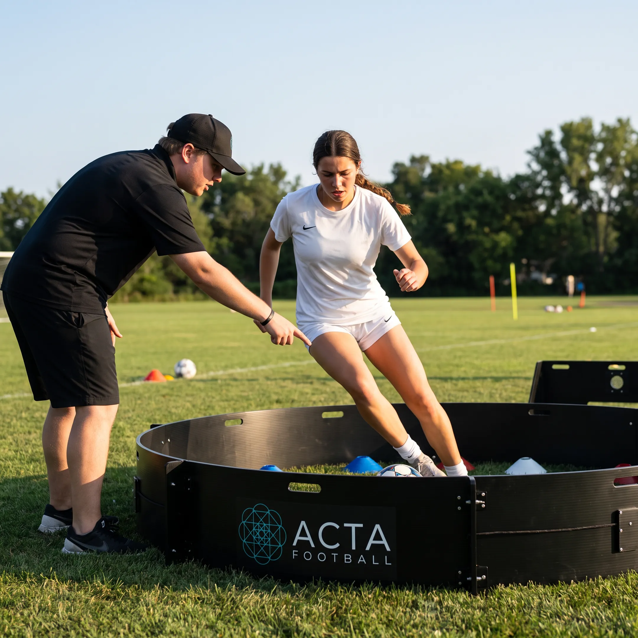 Youth soccer player receiving focused field coaching