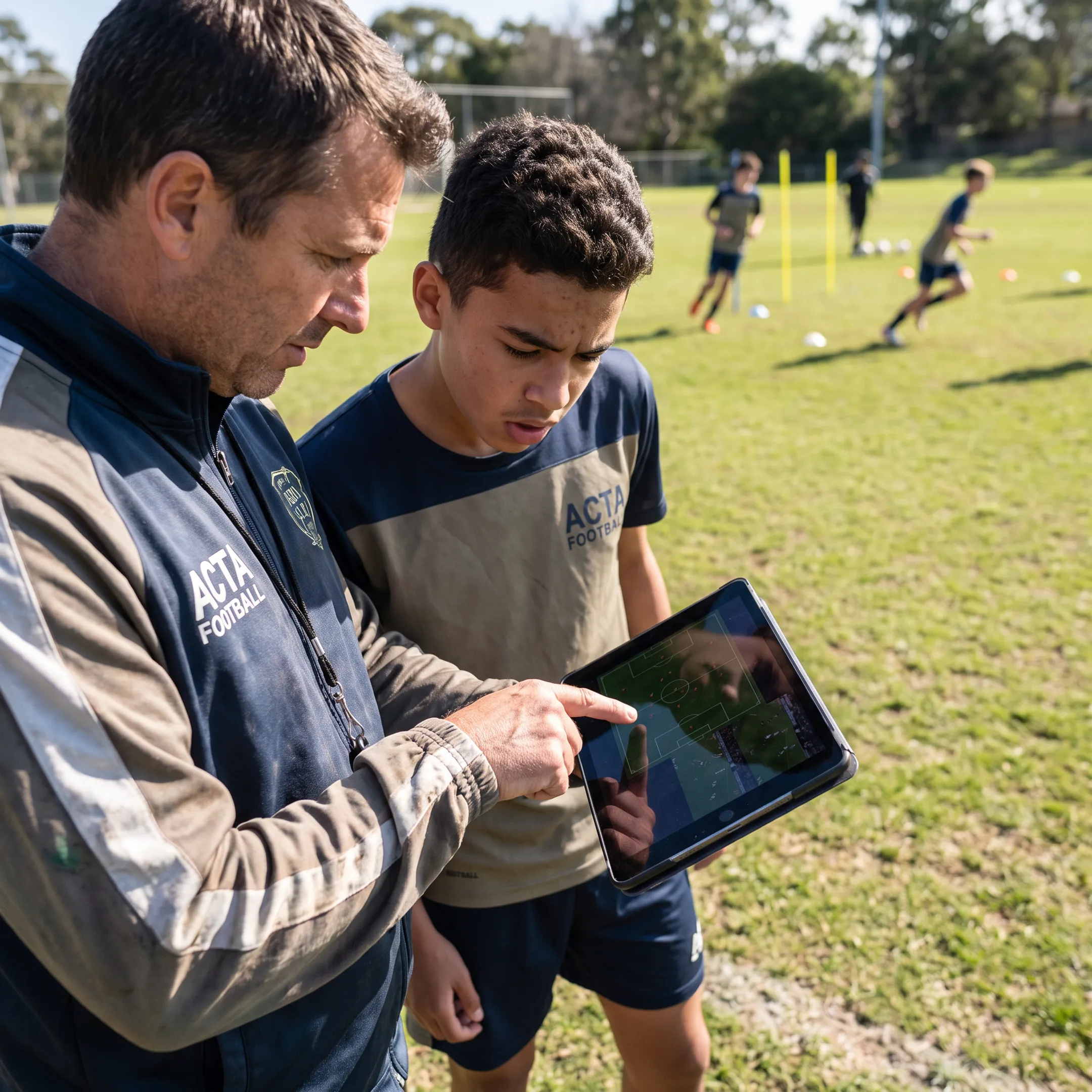 Coach reviewing soccer match footage with player