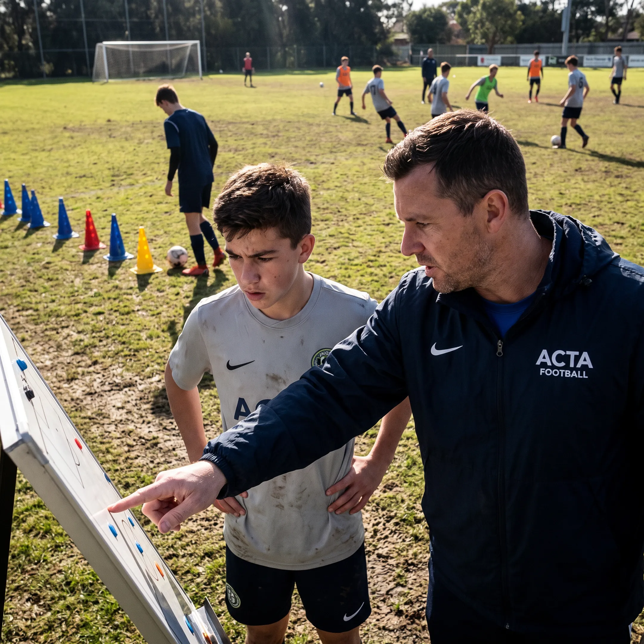 Youth soccer player training with a coach
