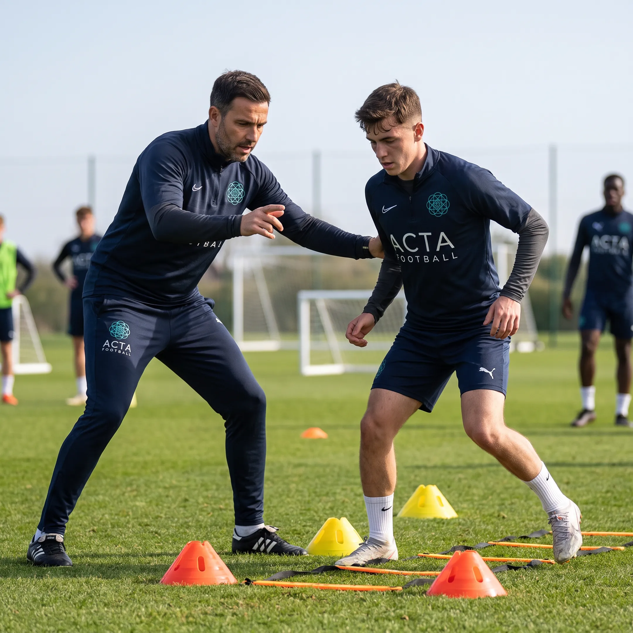 Youth soccer player training with a coach