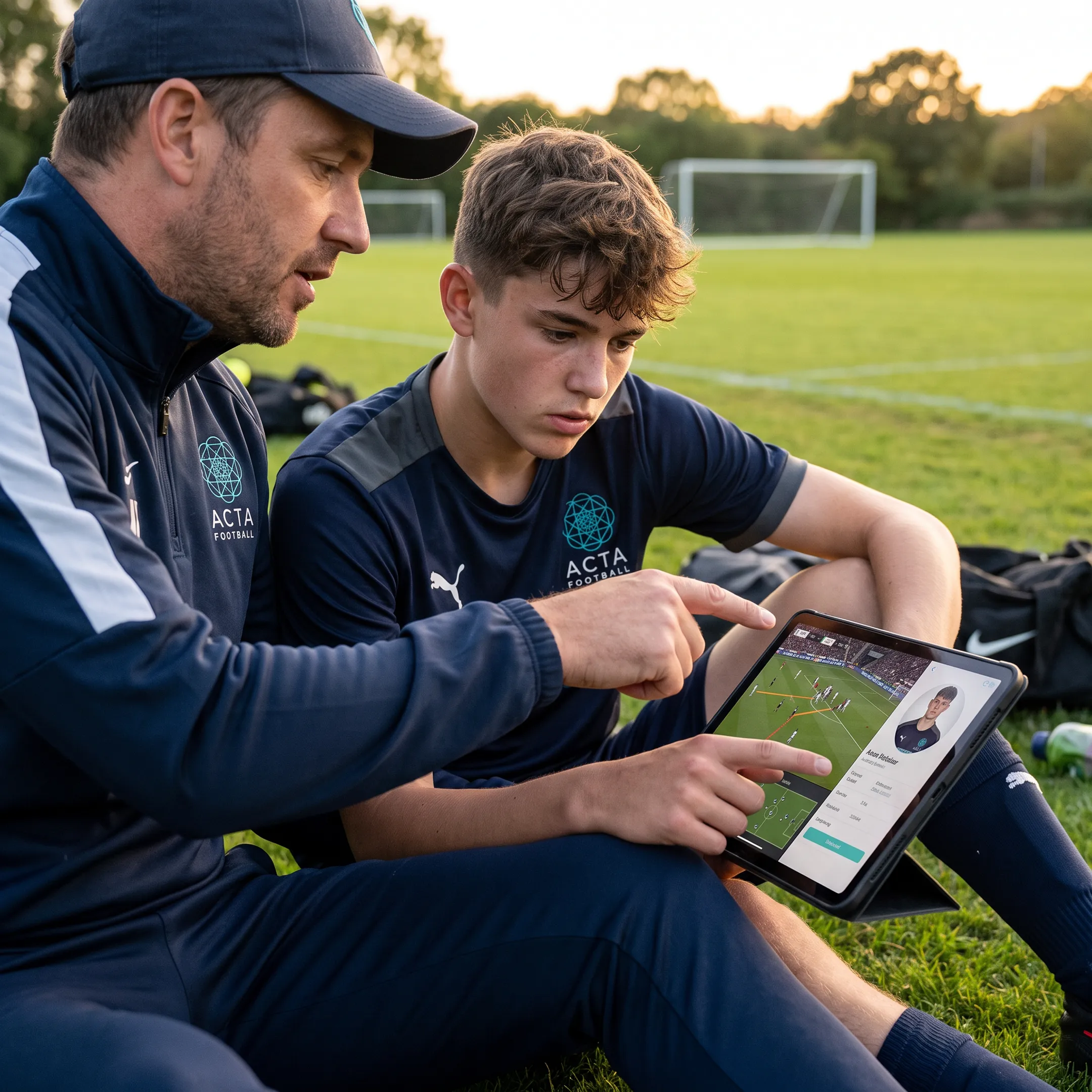 Coach reviewing football match footage with player