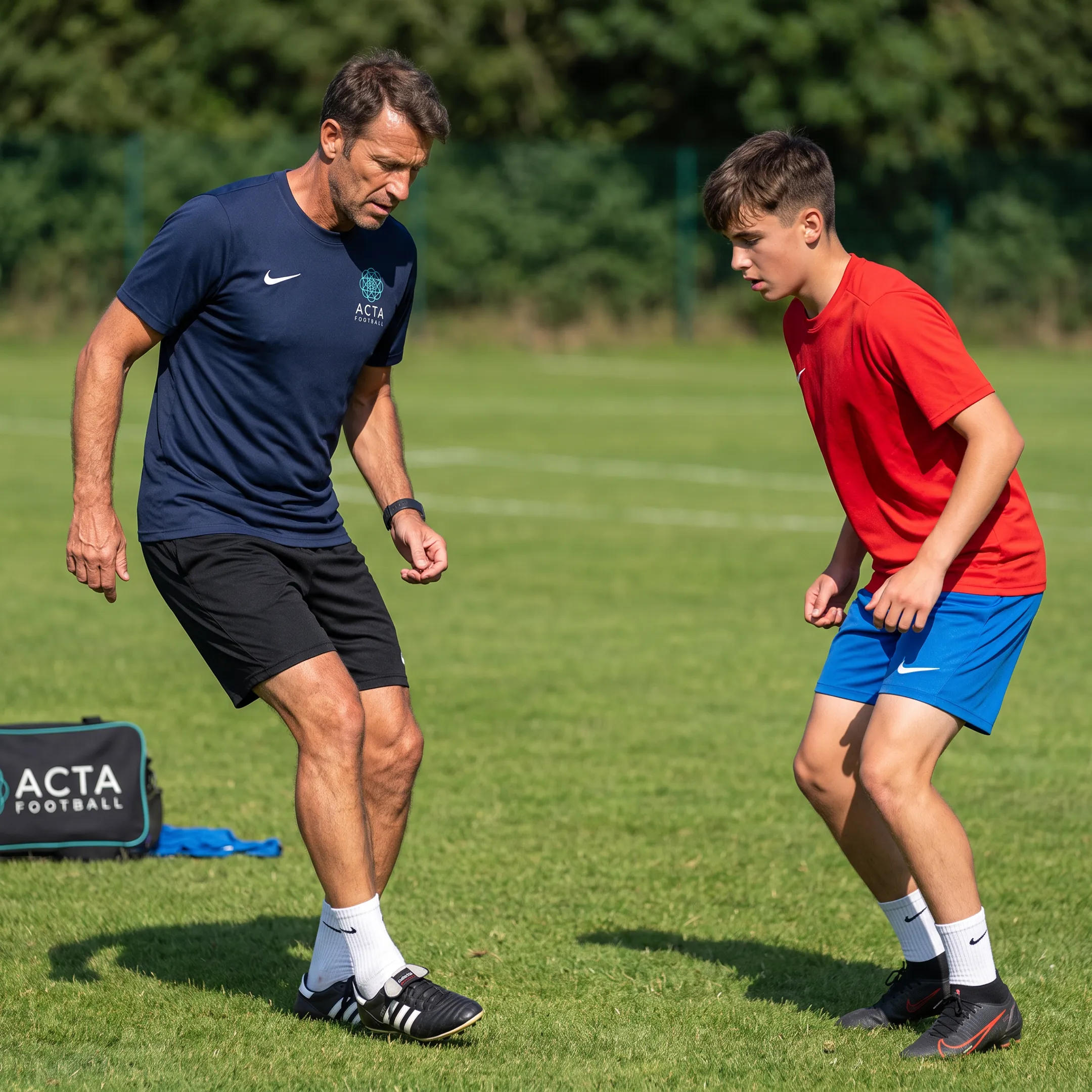 Football coach giving individual field instruction