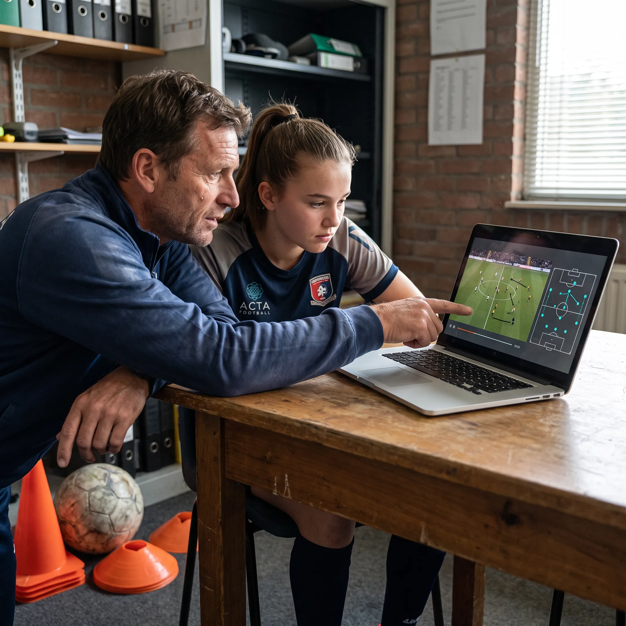 Coach reviewing a soccer player's game film