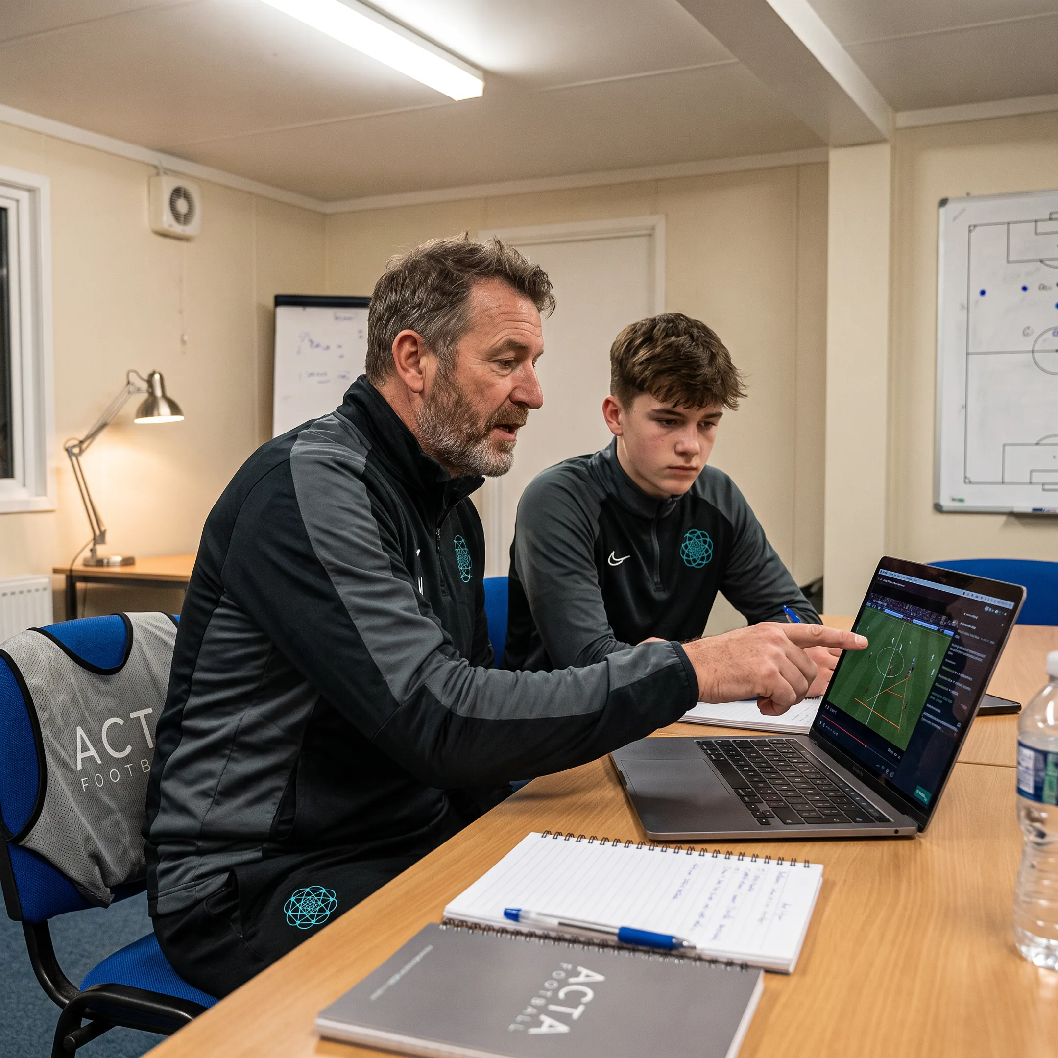 Coach reviewing soccer match film with player