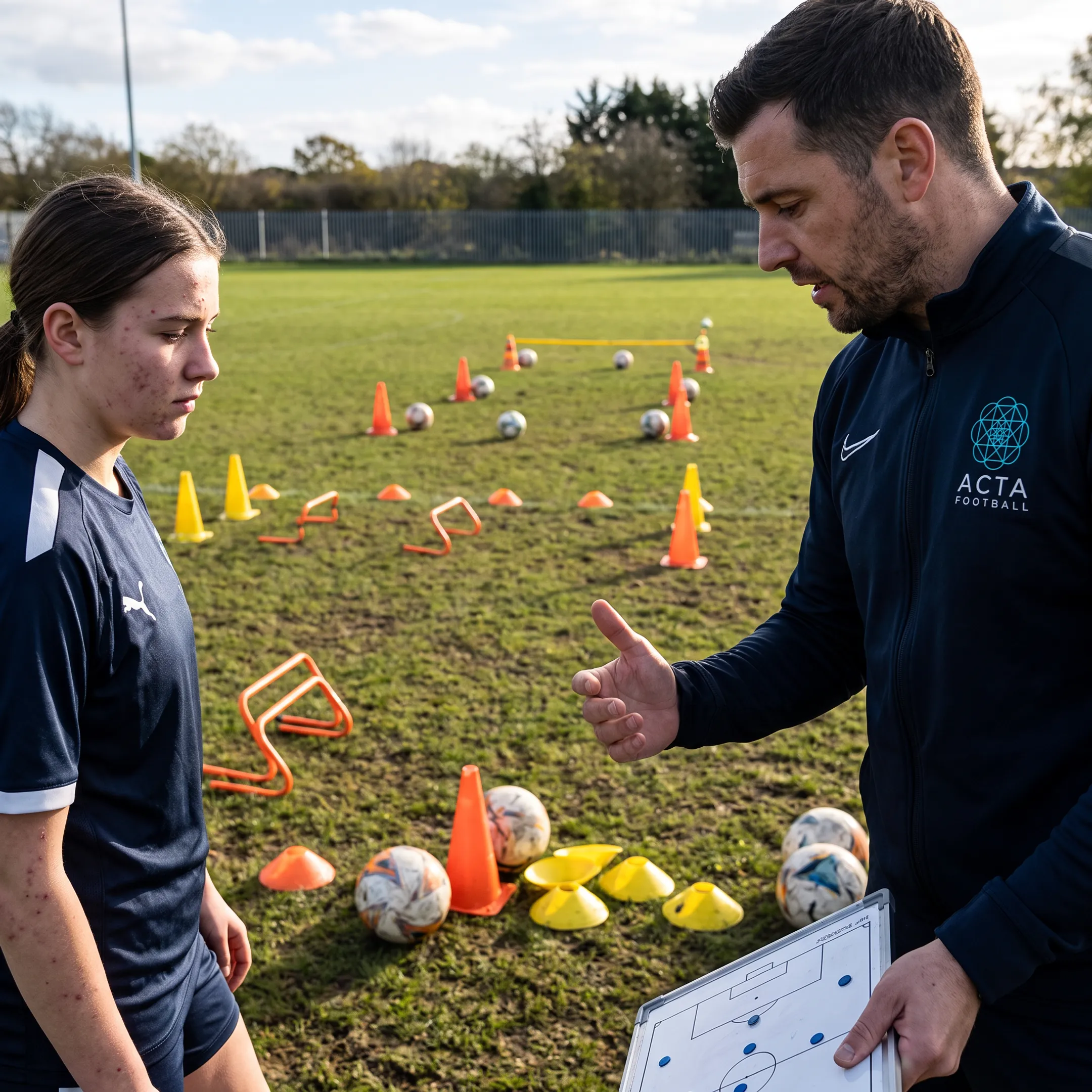 Soccer player training with a coach