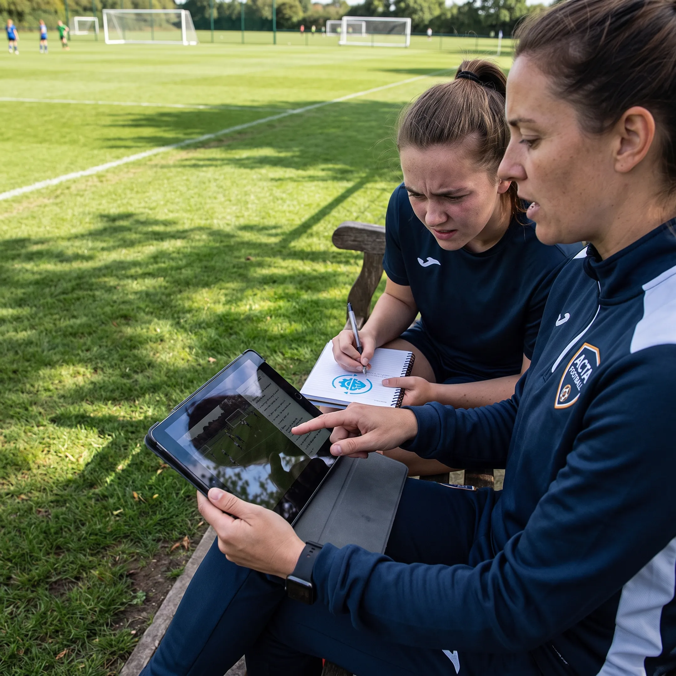 Soccer coach reviewing play with a young athlete
