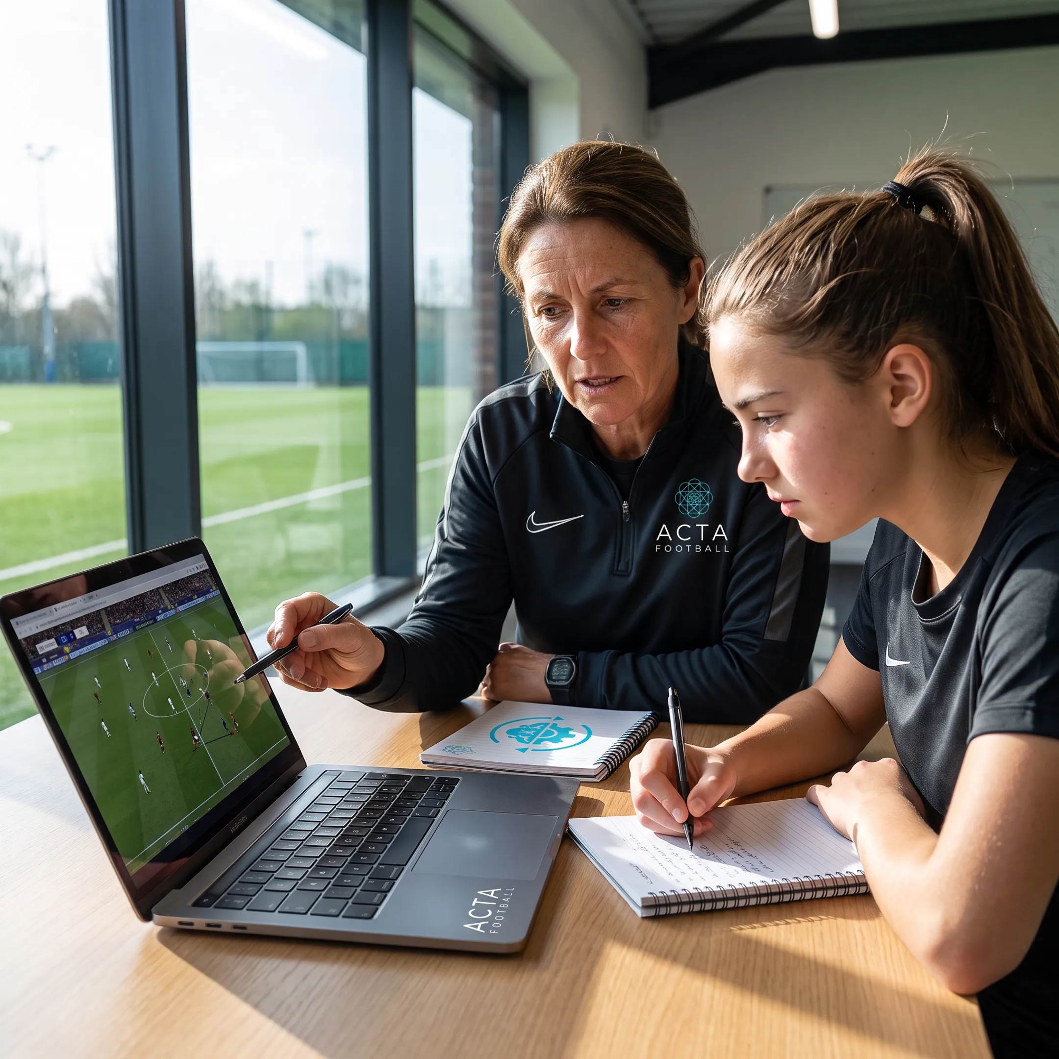 Soccer coach and player reviewing match analysis