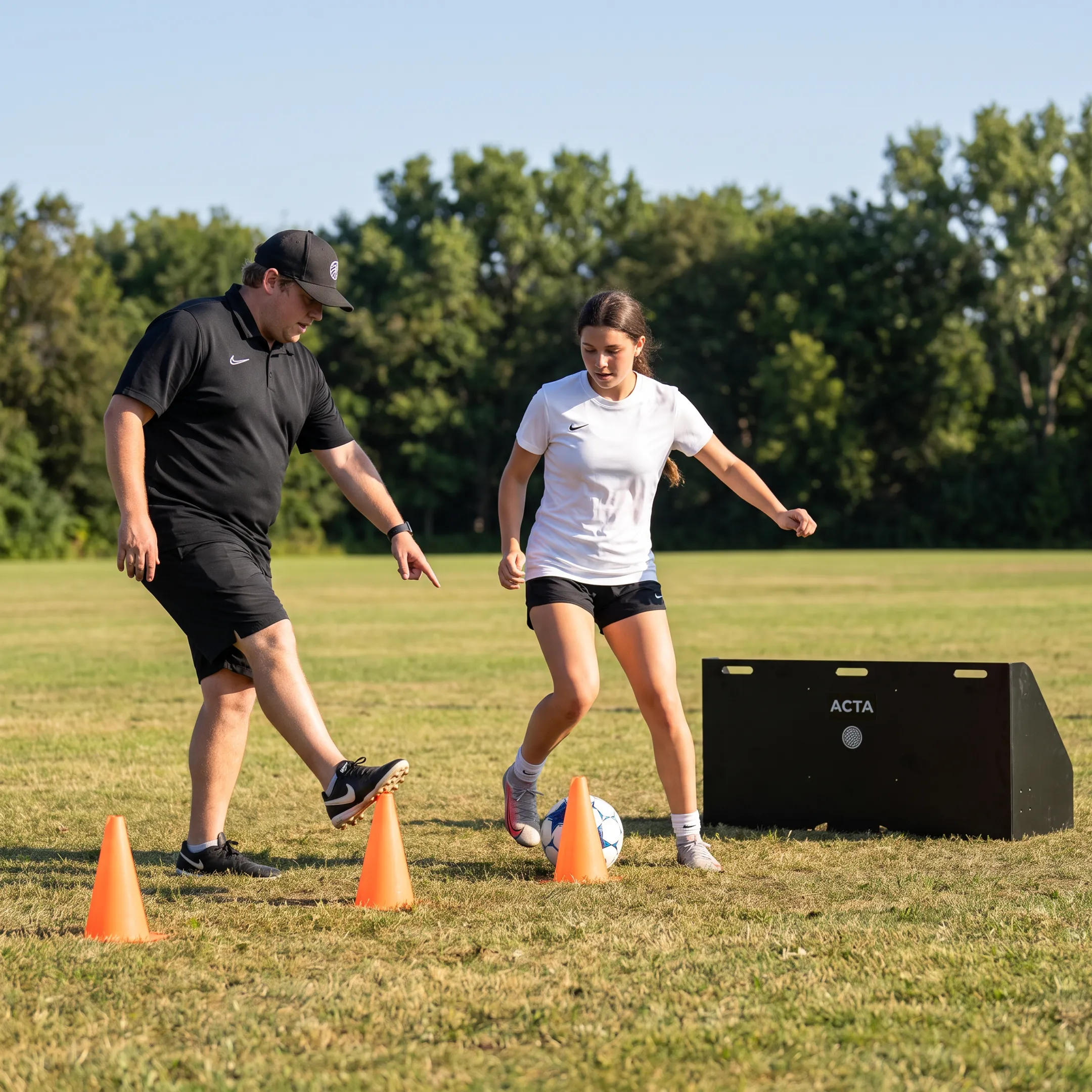 Private soccer coach guiding a player