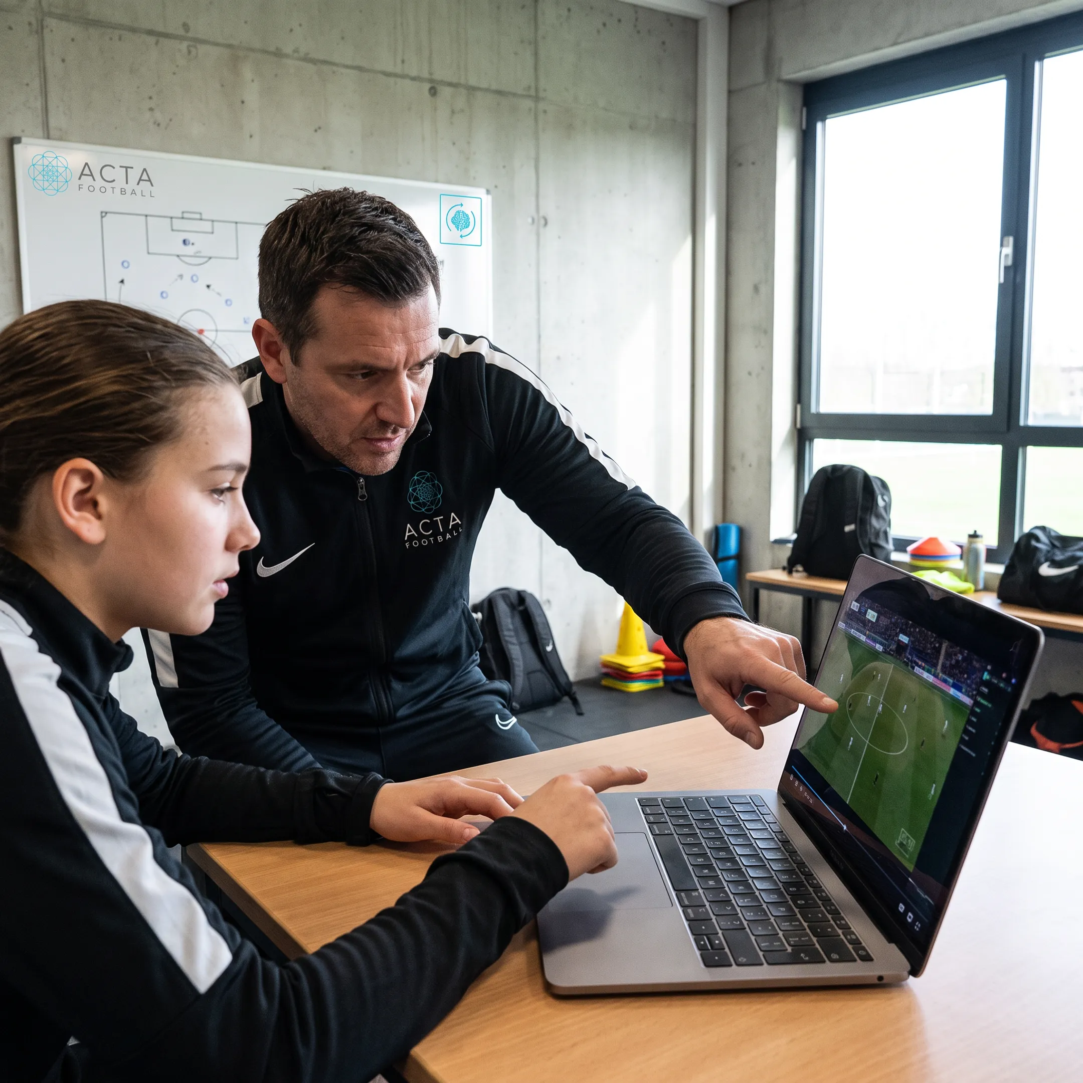 Coach reviewing soccer match footage with a player