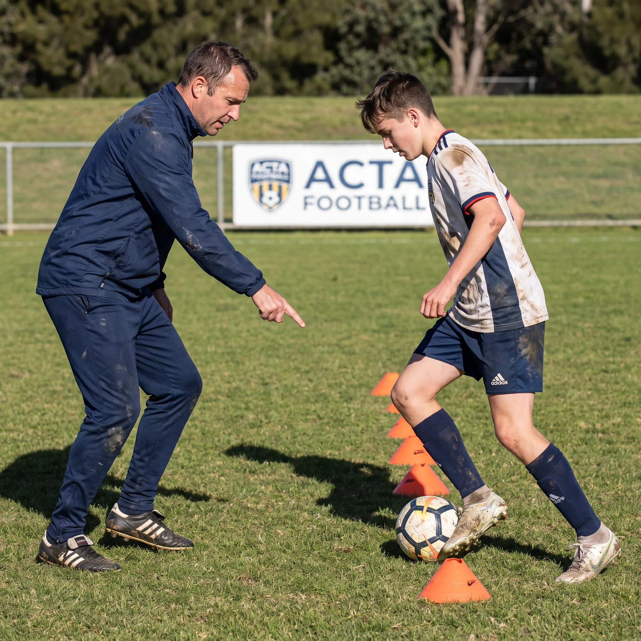 Soccer coach guiding a player through a one-on-one drill