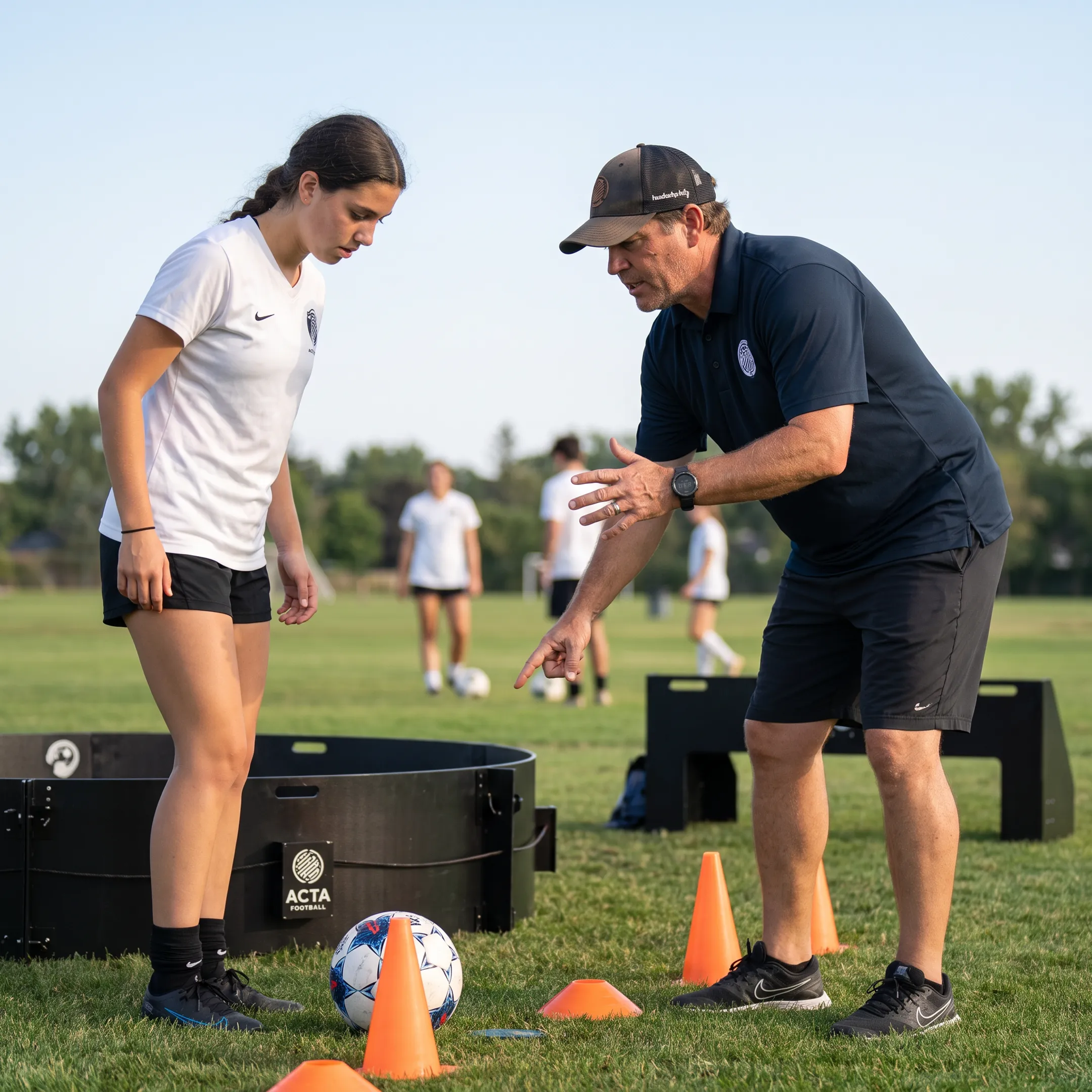 Youth soccer player training with a coach