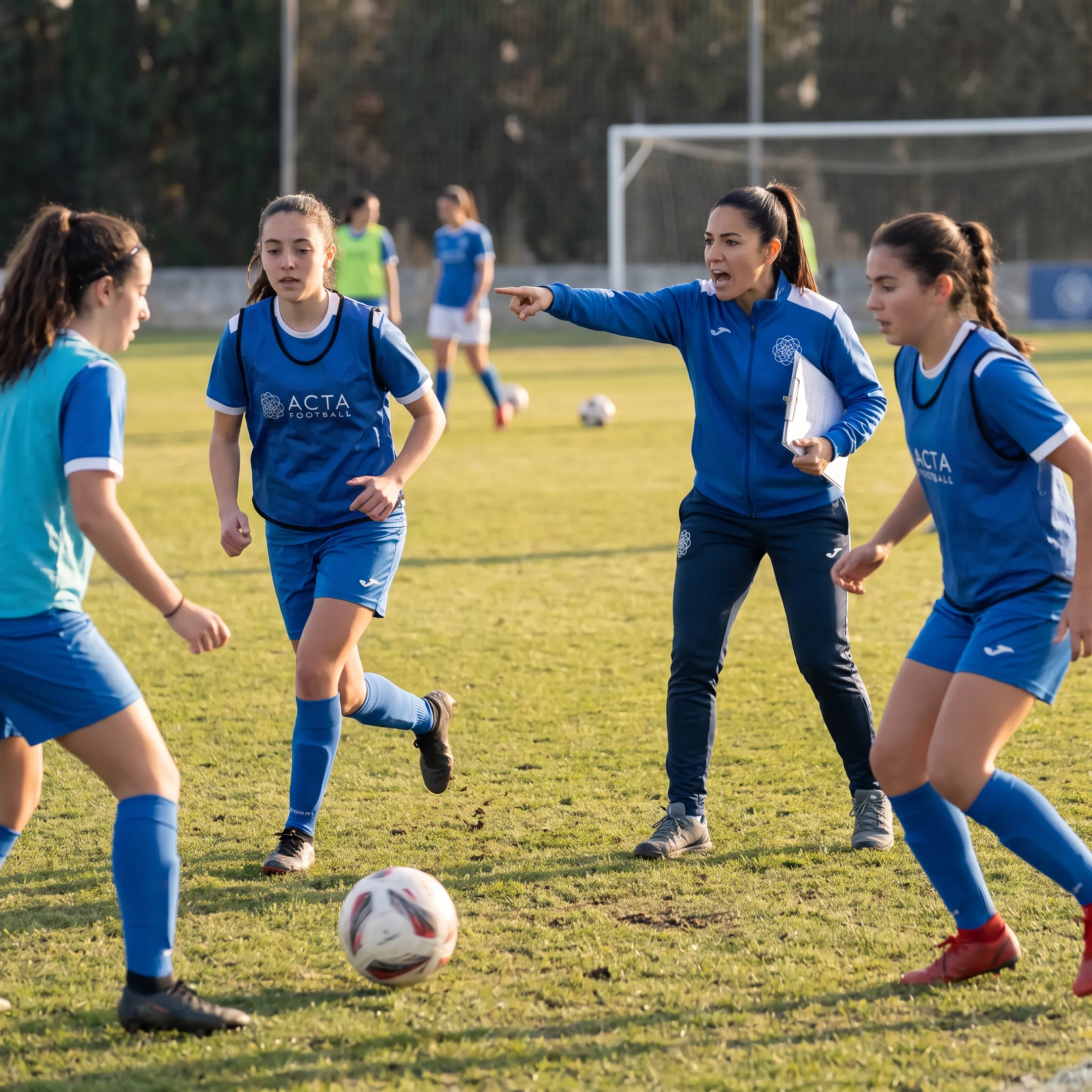 Youth soccer players training with a coach
