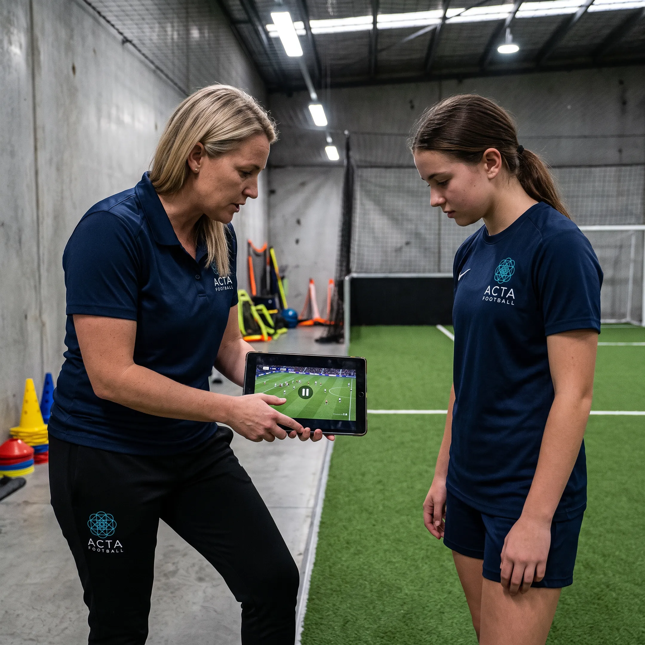 Coach reviewing soccer match film with player