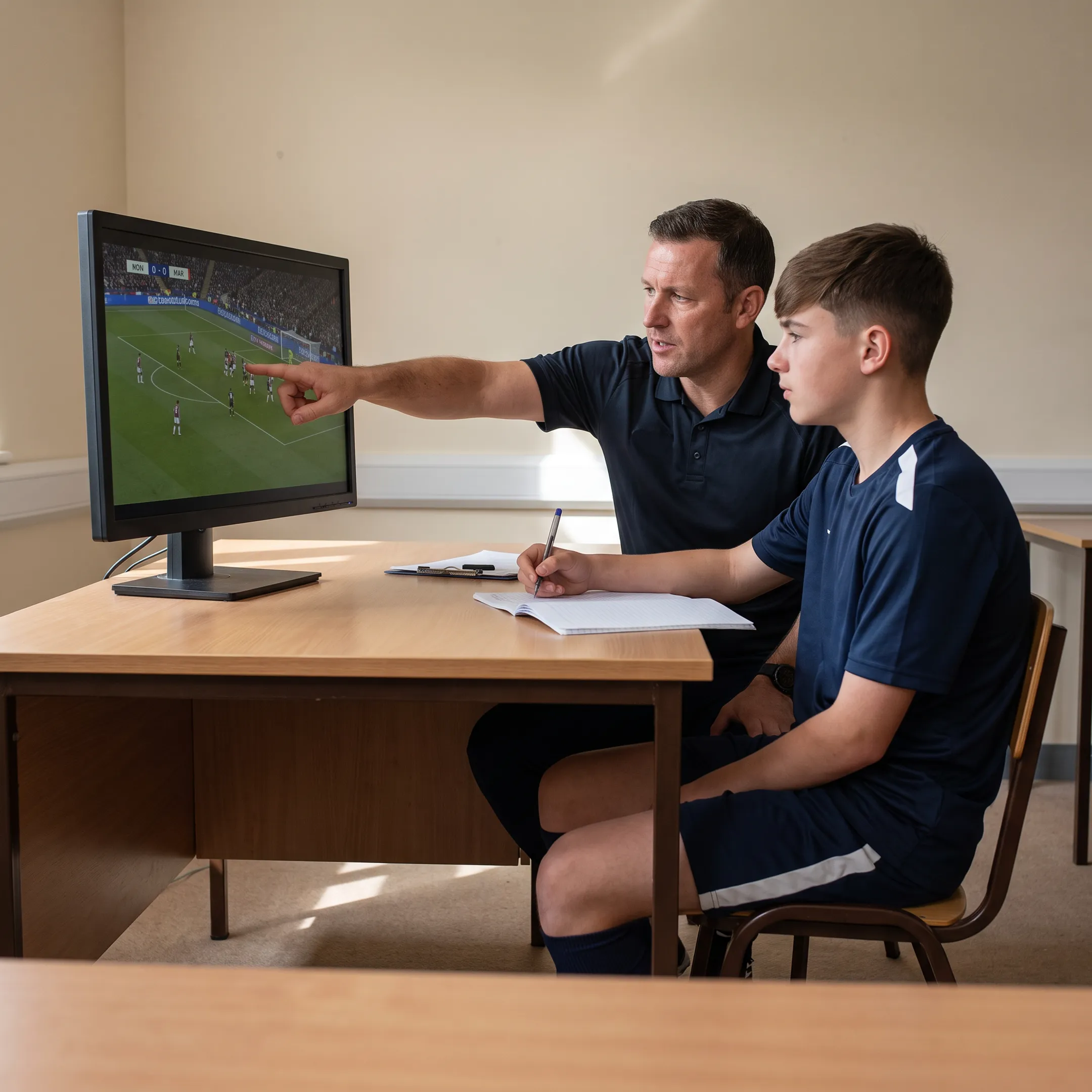 Football coach reviewing match footage with a young player