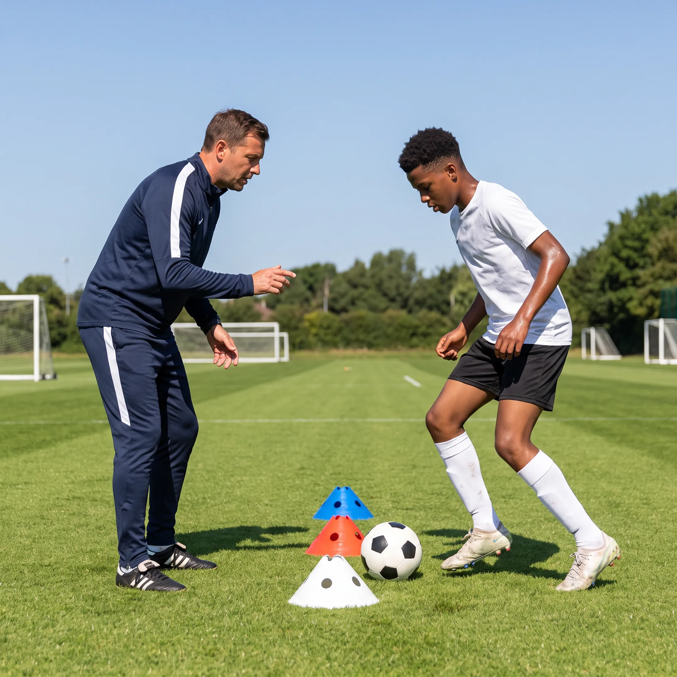 Football coach guiding an athlete through an advanced training drill