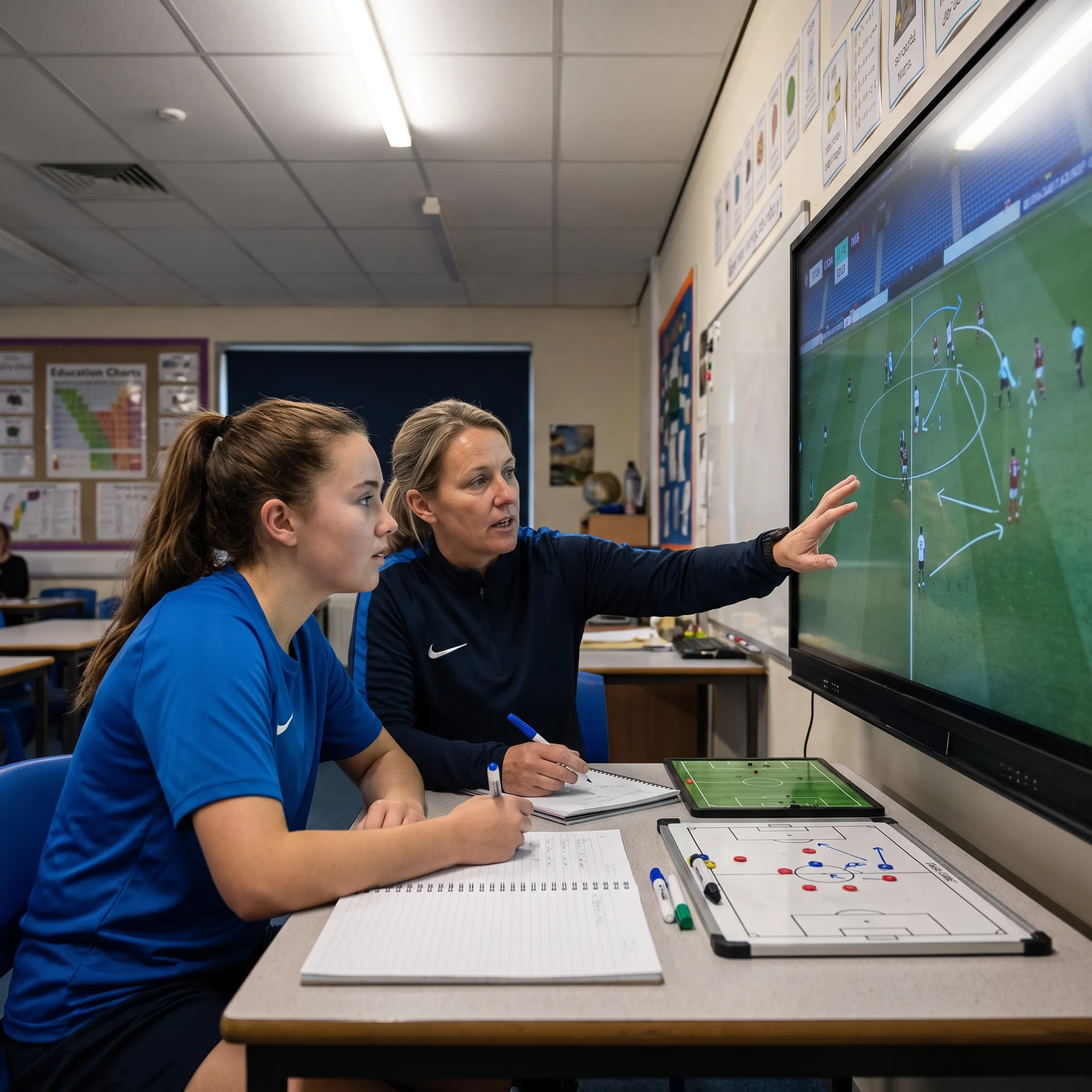 Football player reviewing match footage with a coach