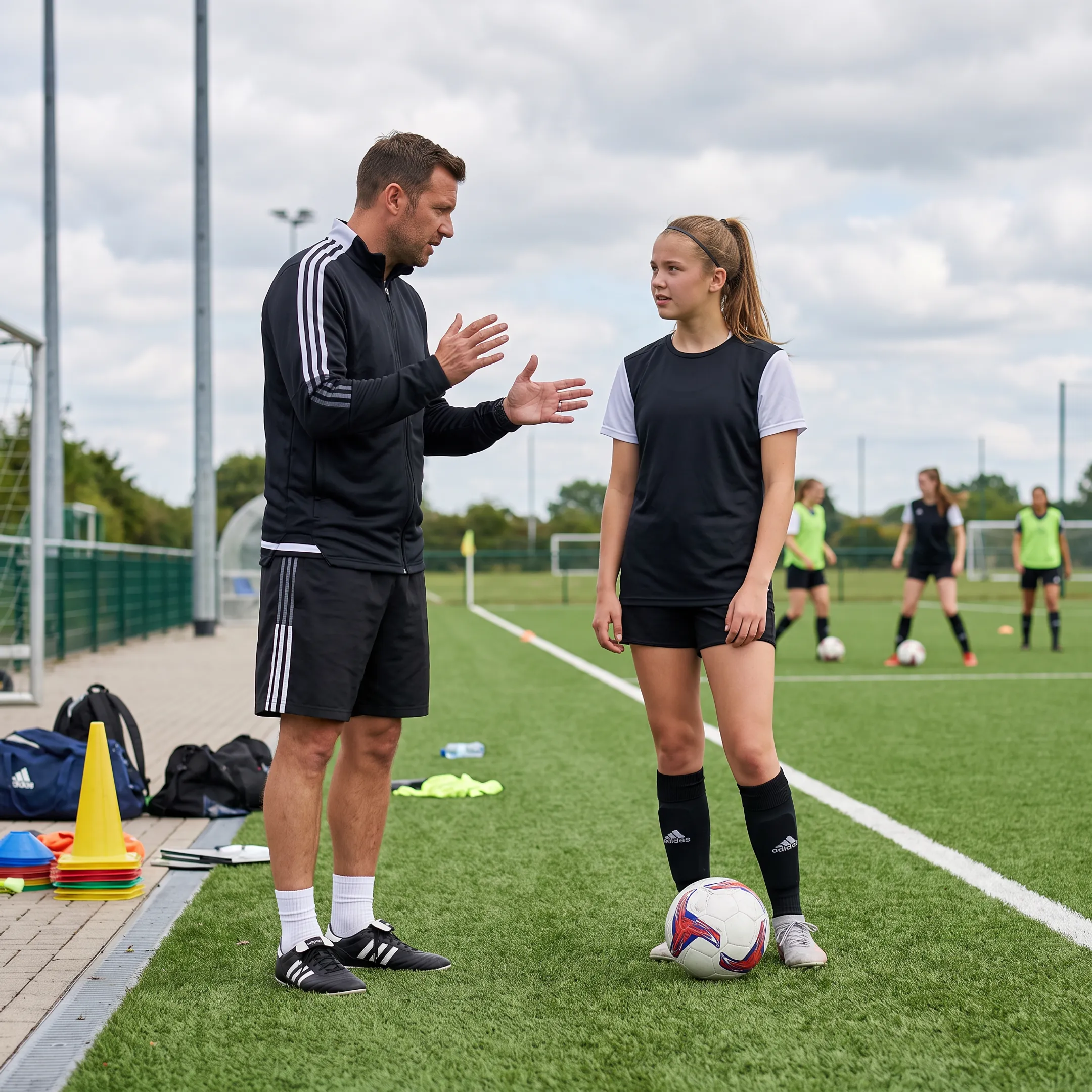 Coach analyzing soccer performance with a young player