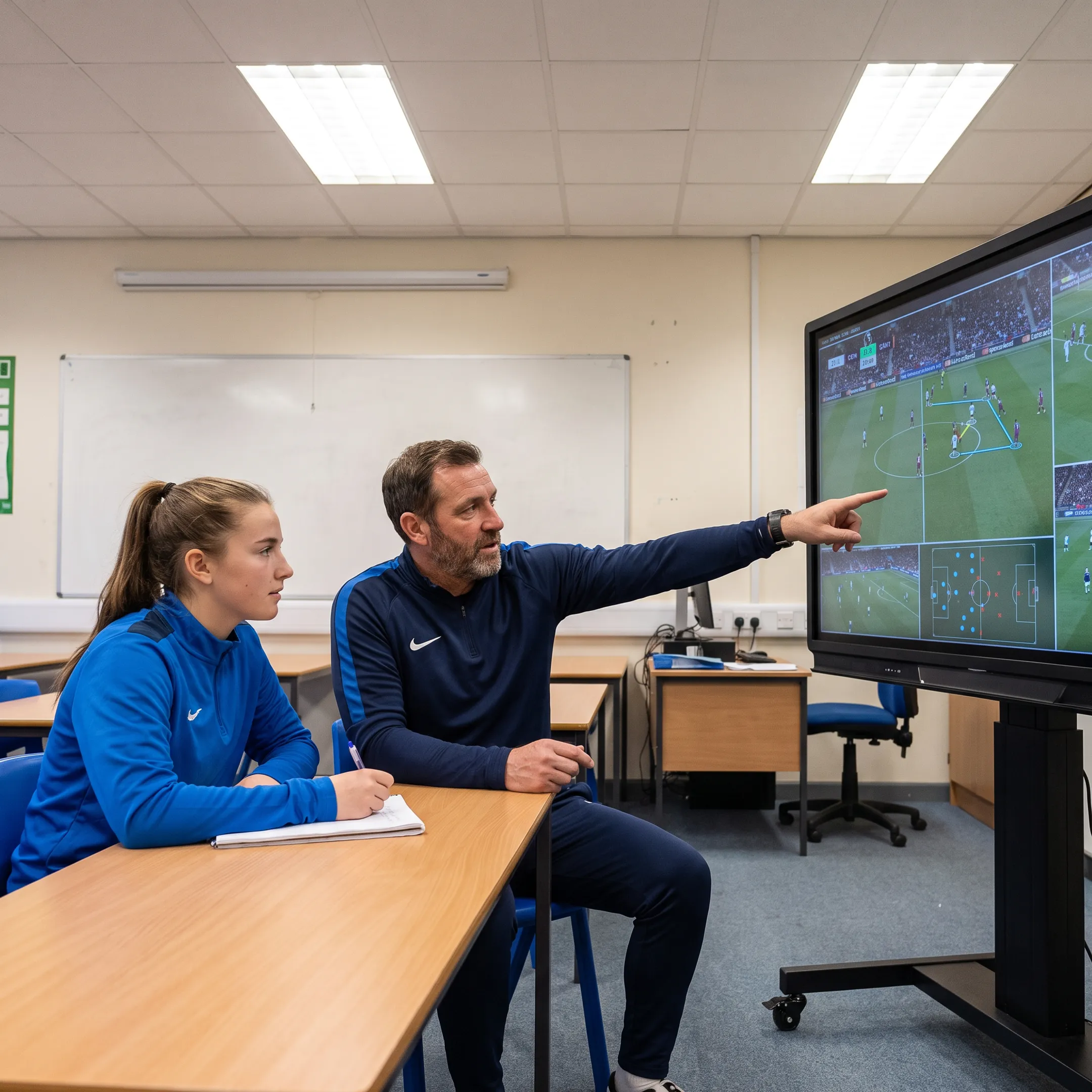 Private football coach reviewing match footage with a young athlete