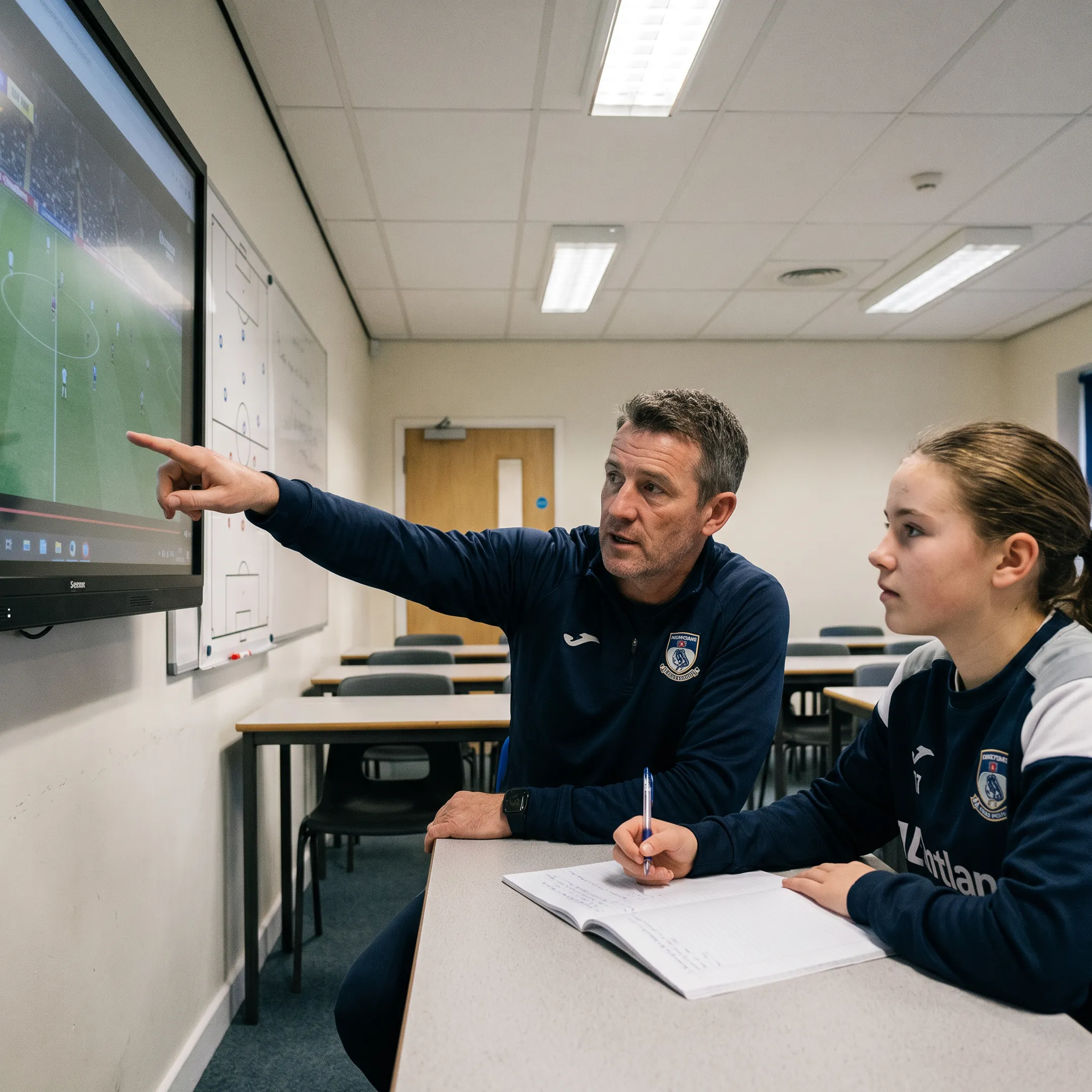 Soccer coach reviewing game footage with a youth player