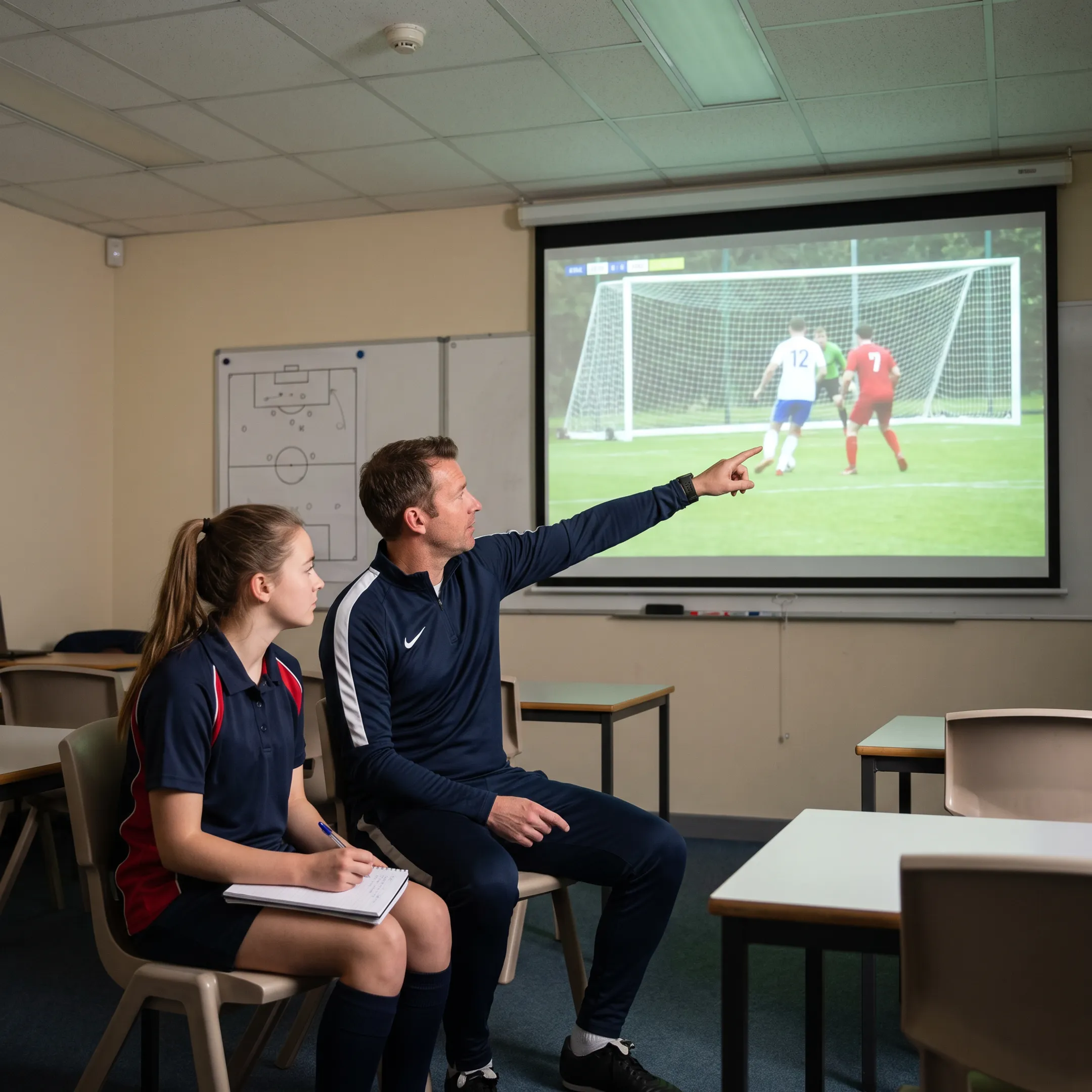 Coach reviewing soccer match footage with a young player
