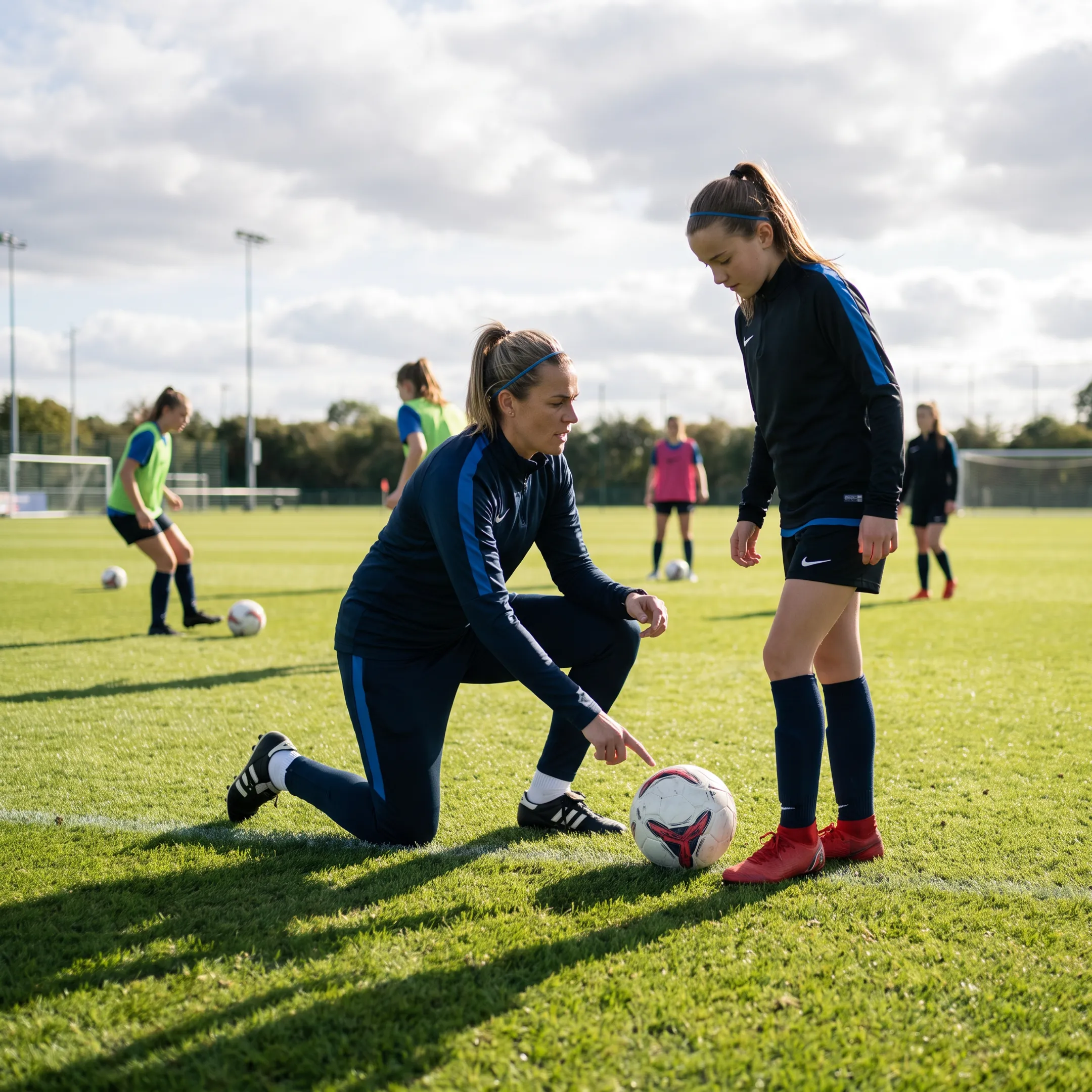 Soccer coach training a focused youth player during an advanced development session