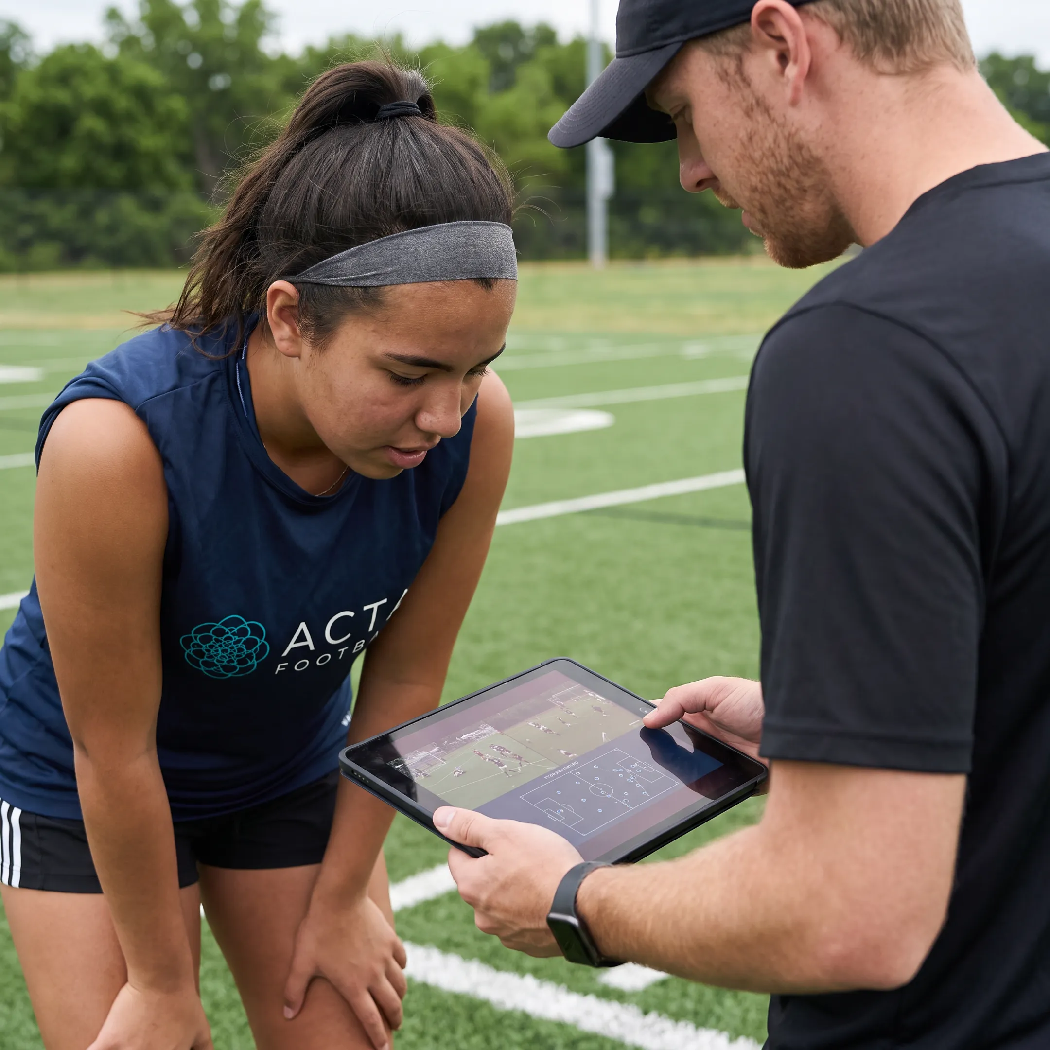 Coach reviewing soccer match film with a young athlete