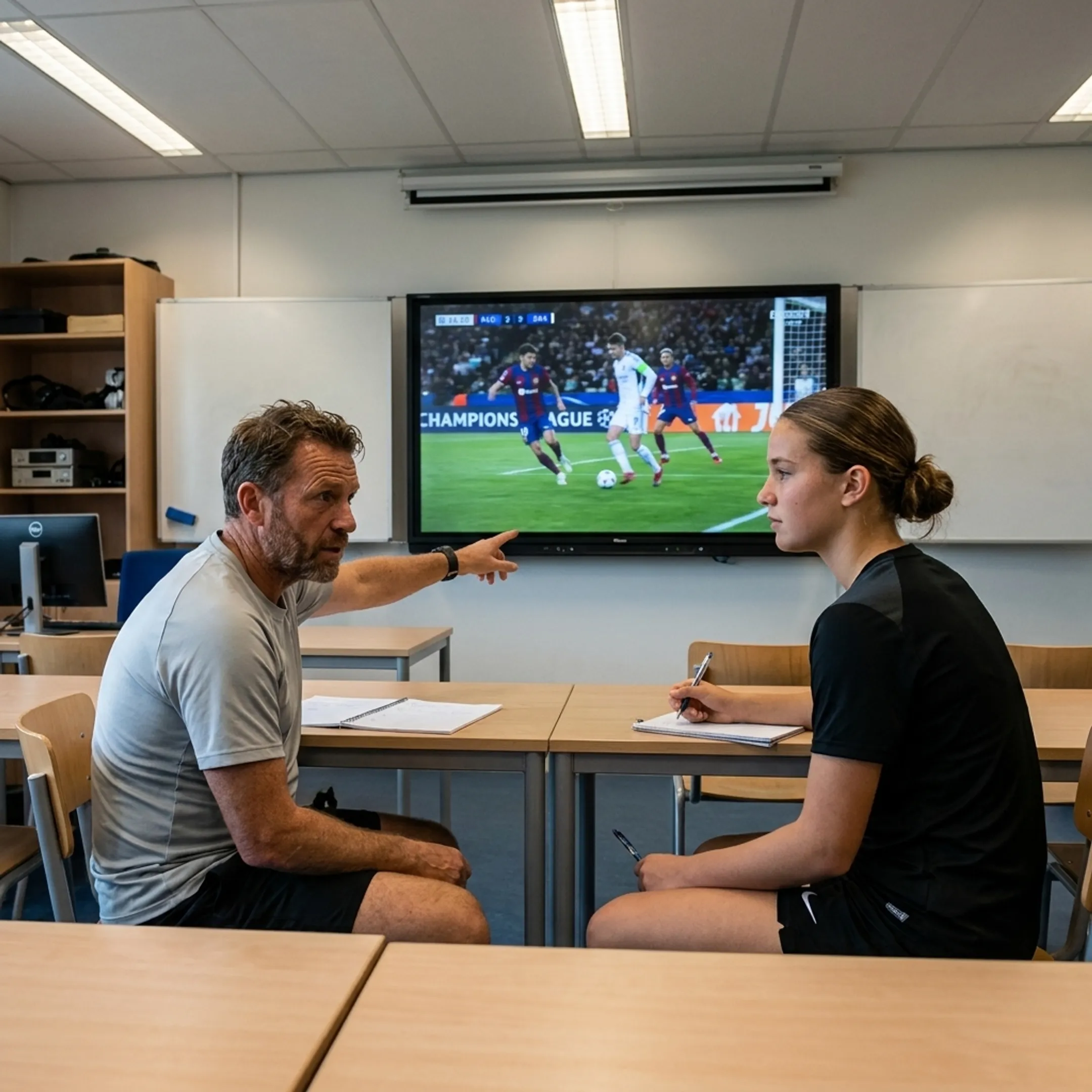 Soccer coach reviewing match footage with an elite youth player