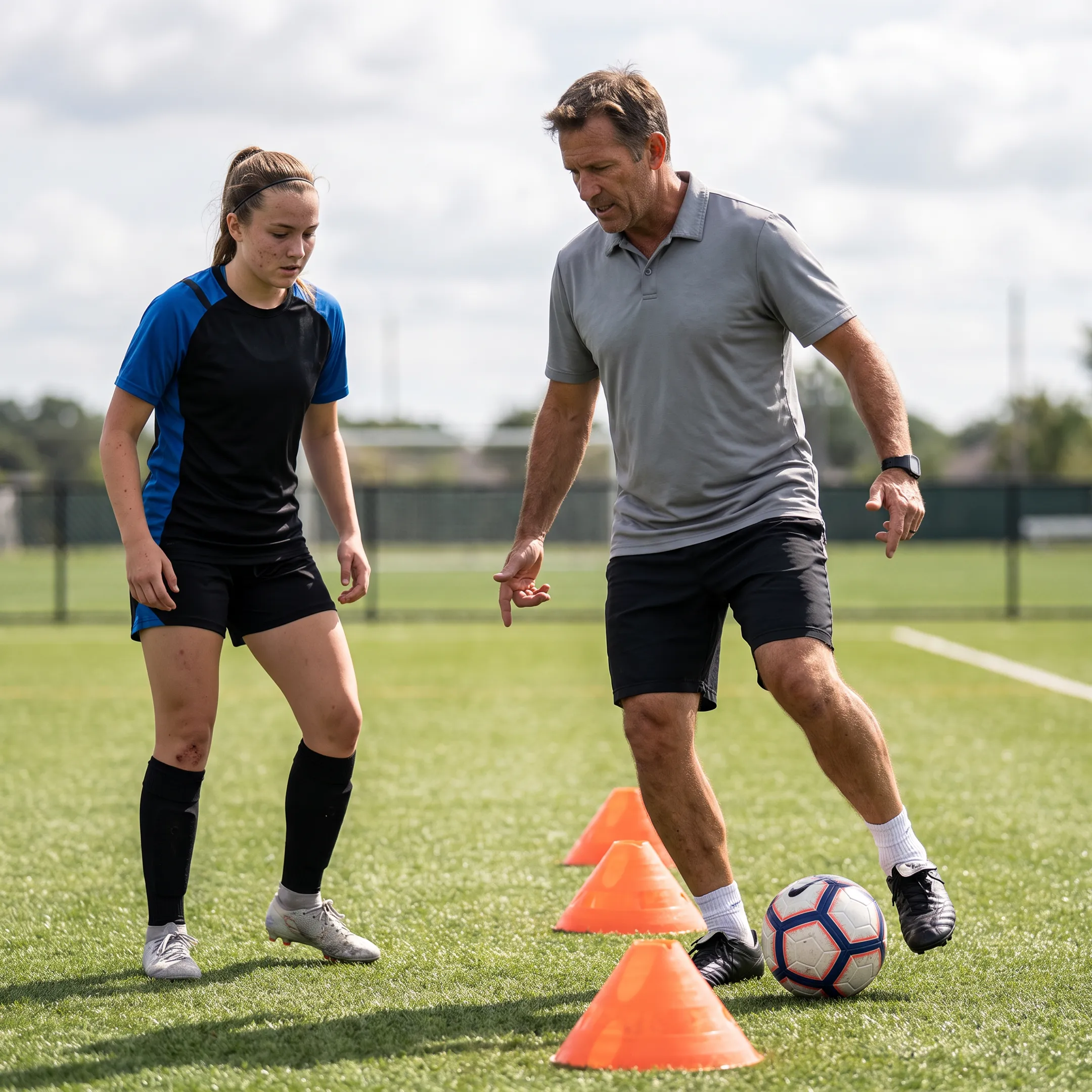 Elite youth soccer player training with a coach on a professional field