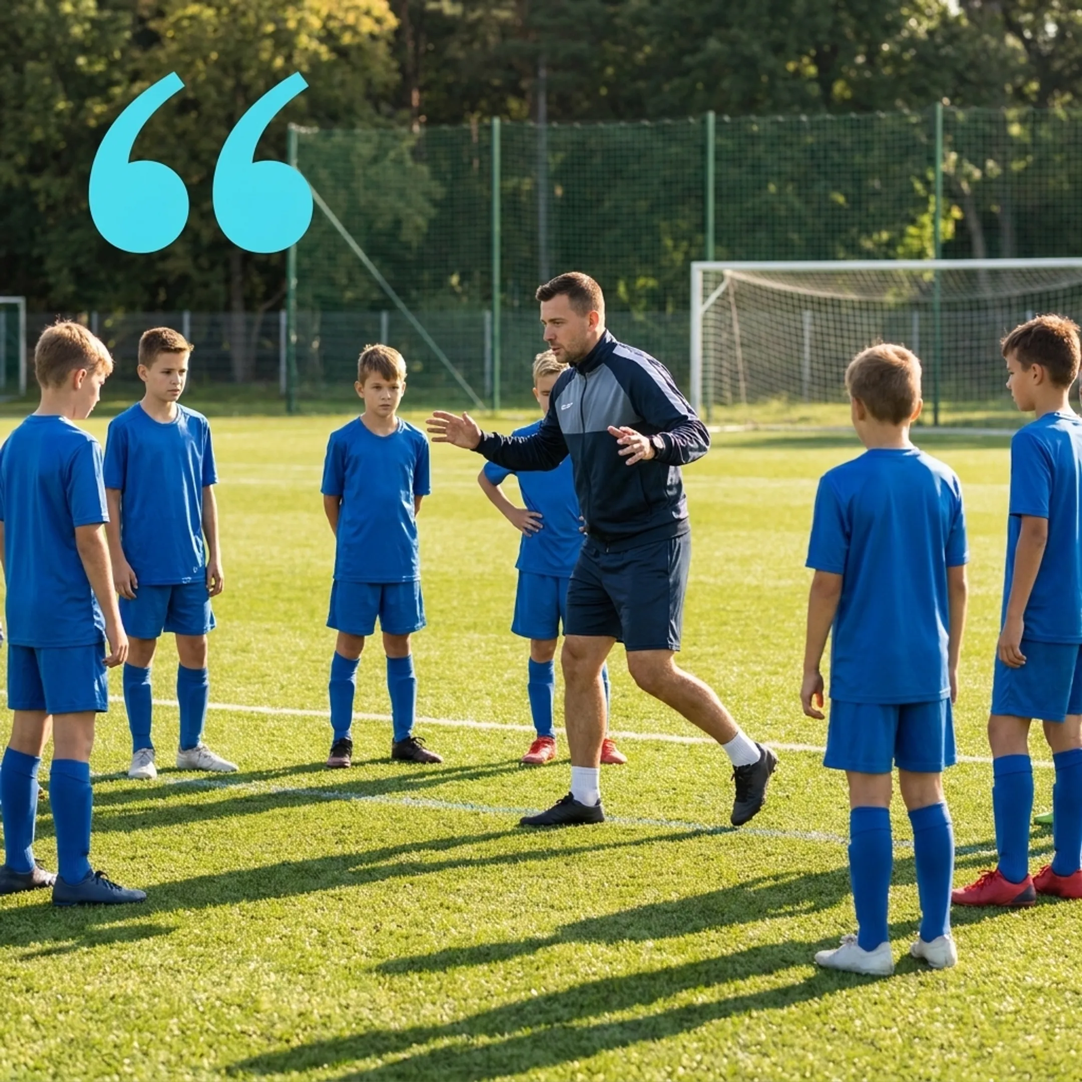 Coach explaining tactical movement to soccer players on a training field