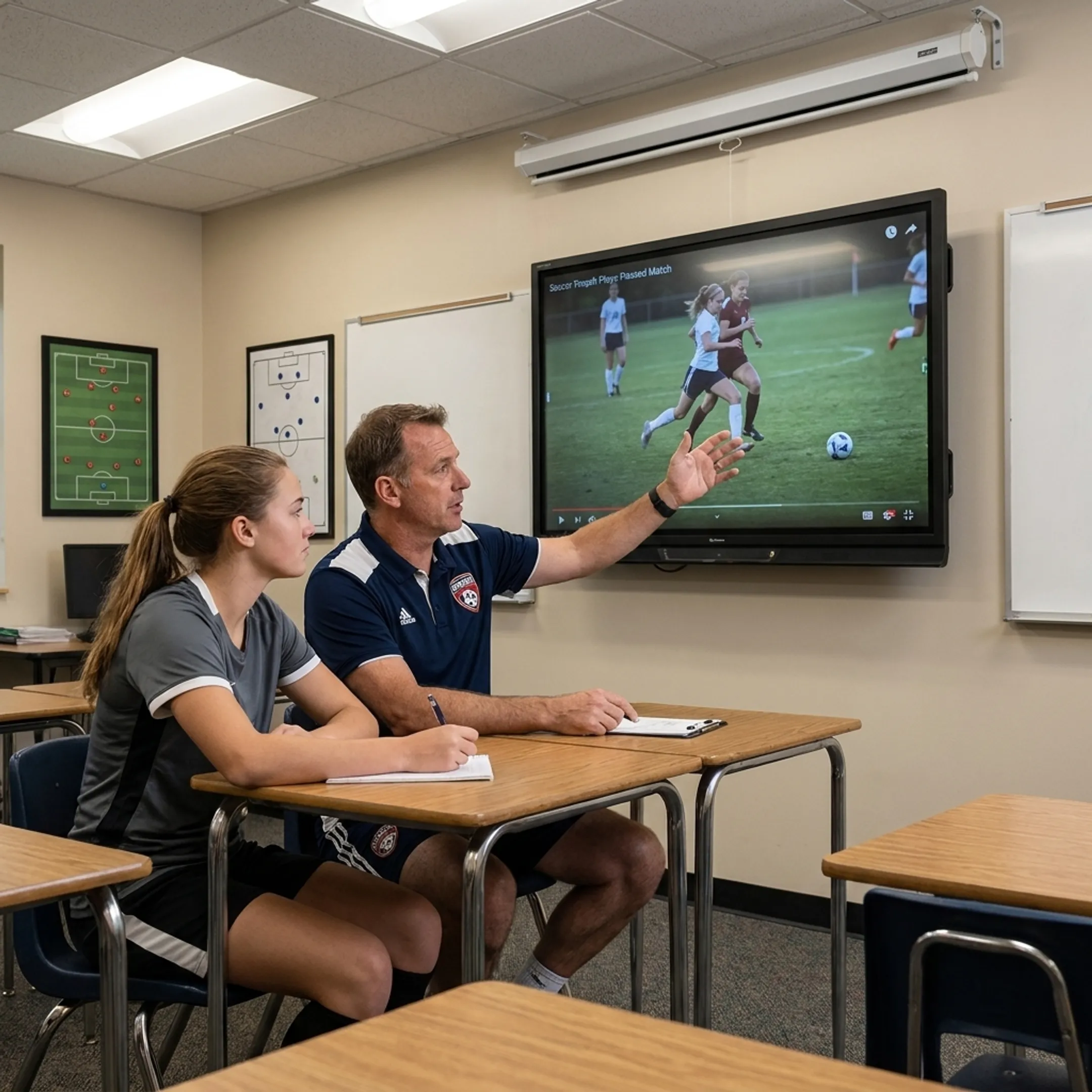 Private soccer coach reviewing game film with a youth player