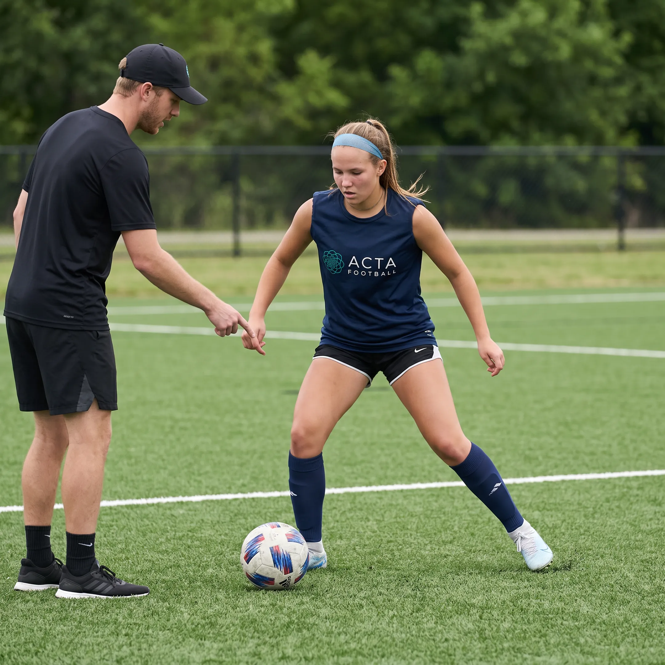 Youth soccer player receiving focused coaching during a training session