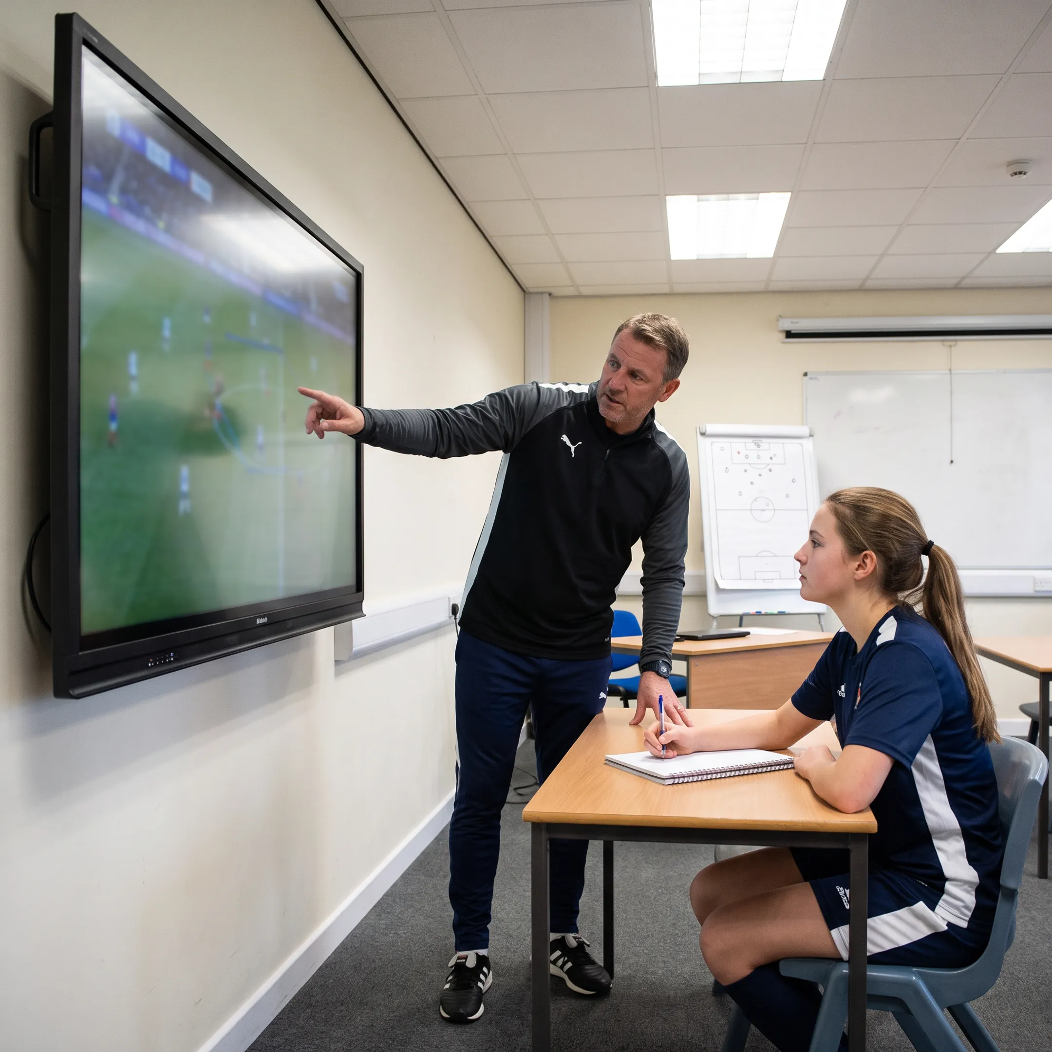 Coach analyzing soccer match footage with a young player