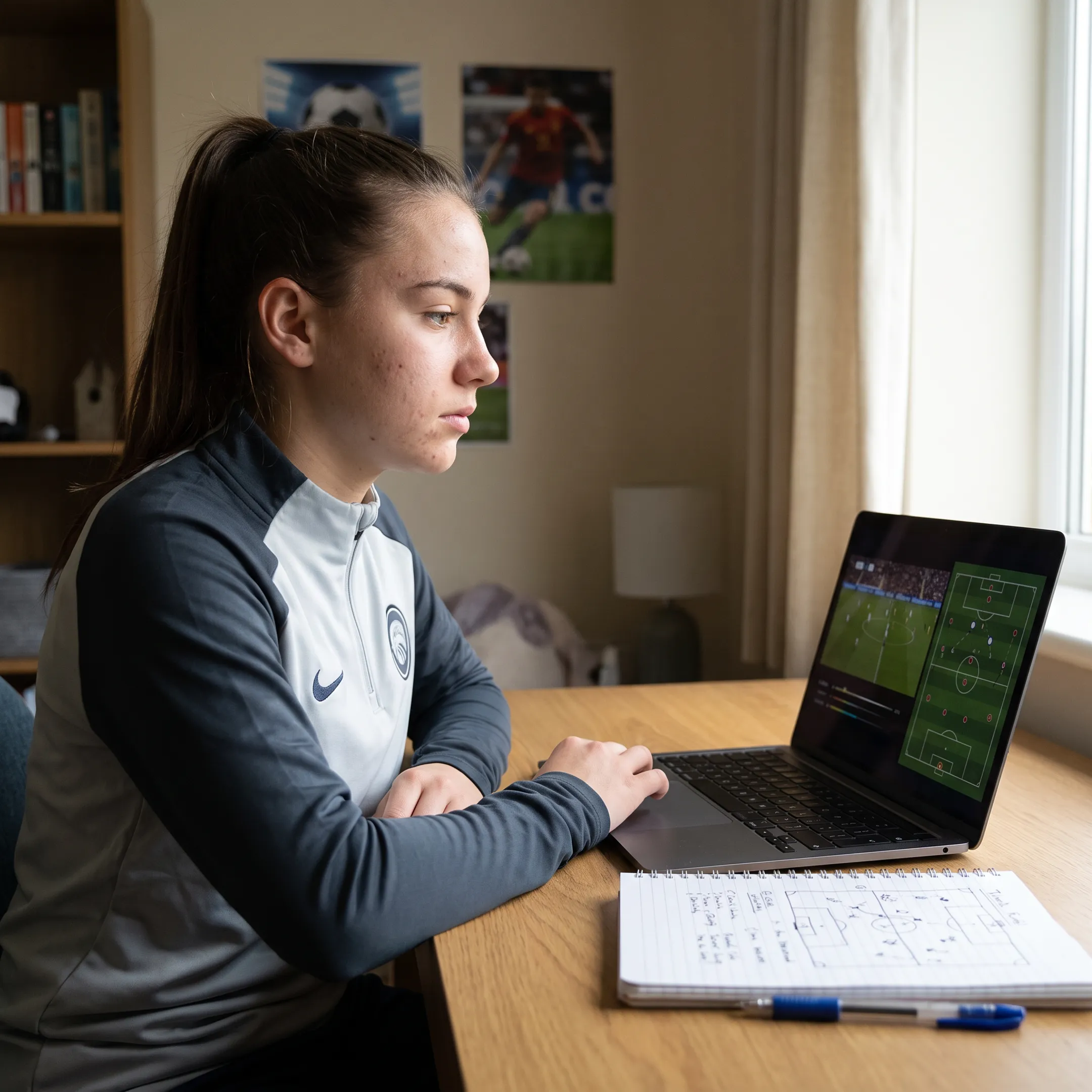Soccer player completing online coaching session with match analysis on screen