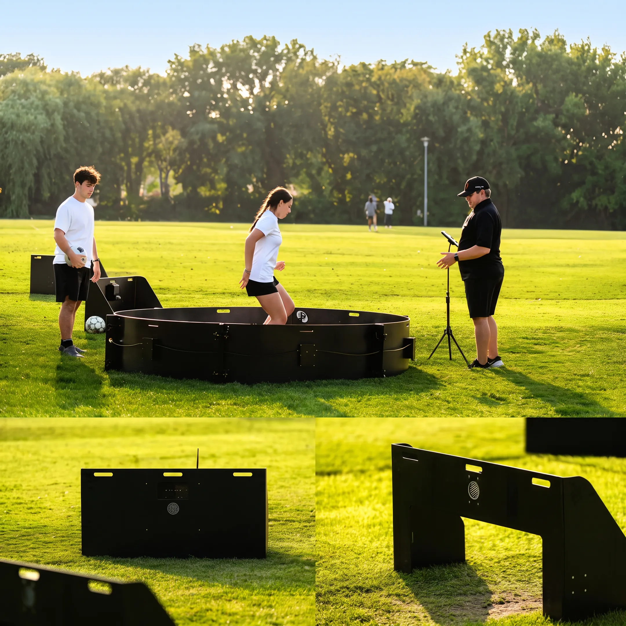Youth soccer players training with a coach on a football field