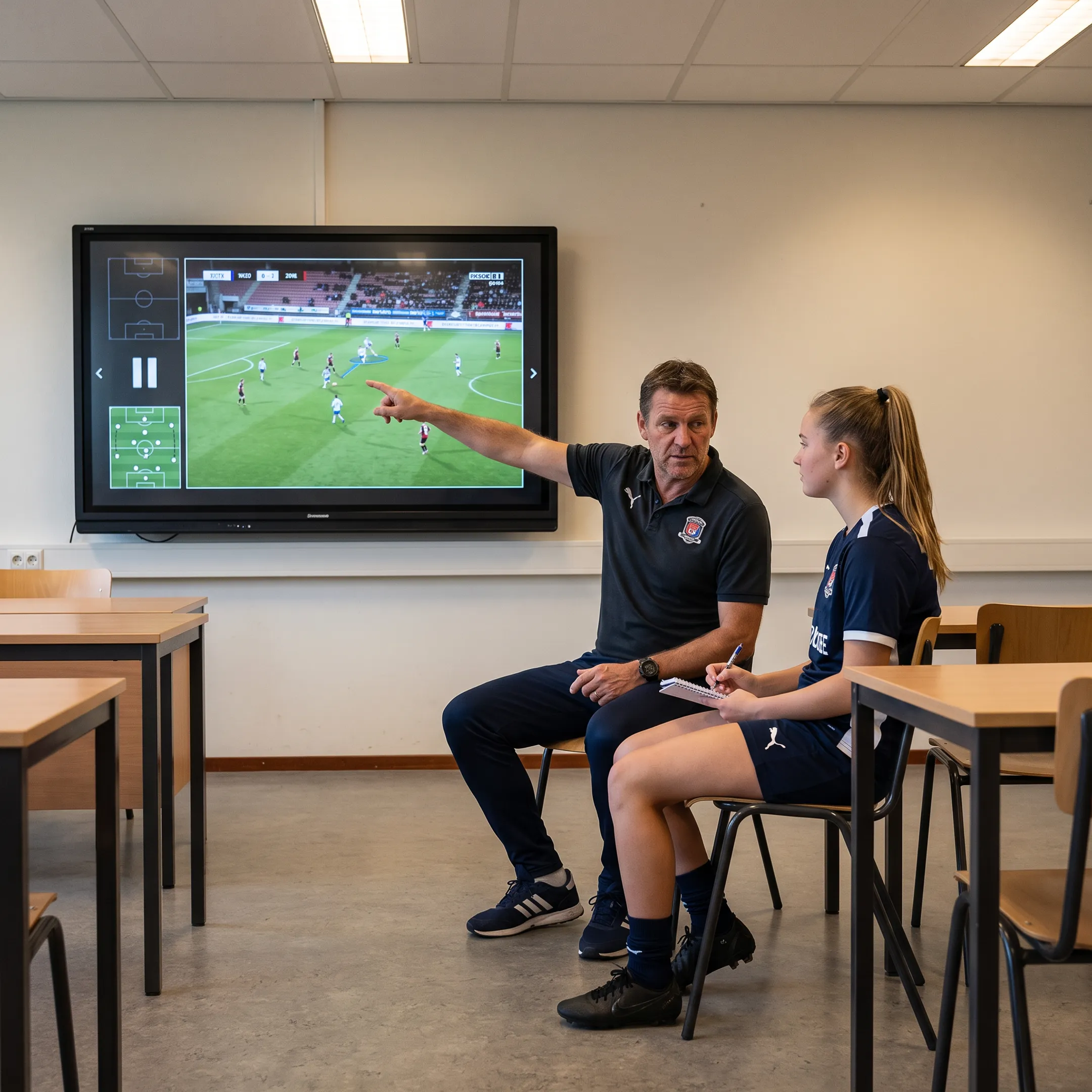 Coach reviewing soccer match footage with a young player