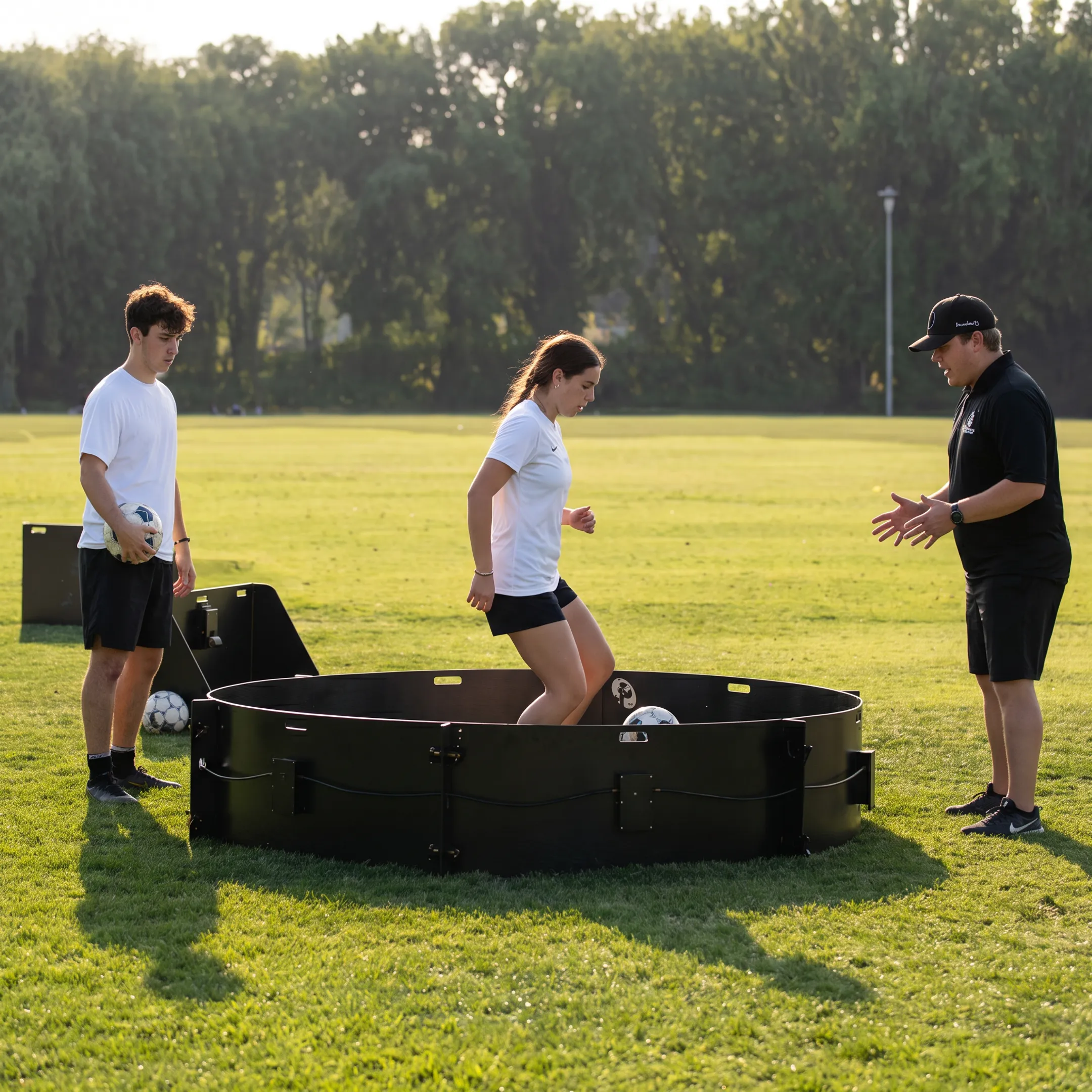 Youth football players training with a coach on a soccer field