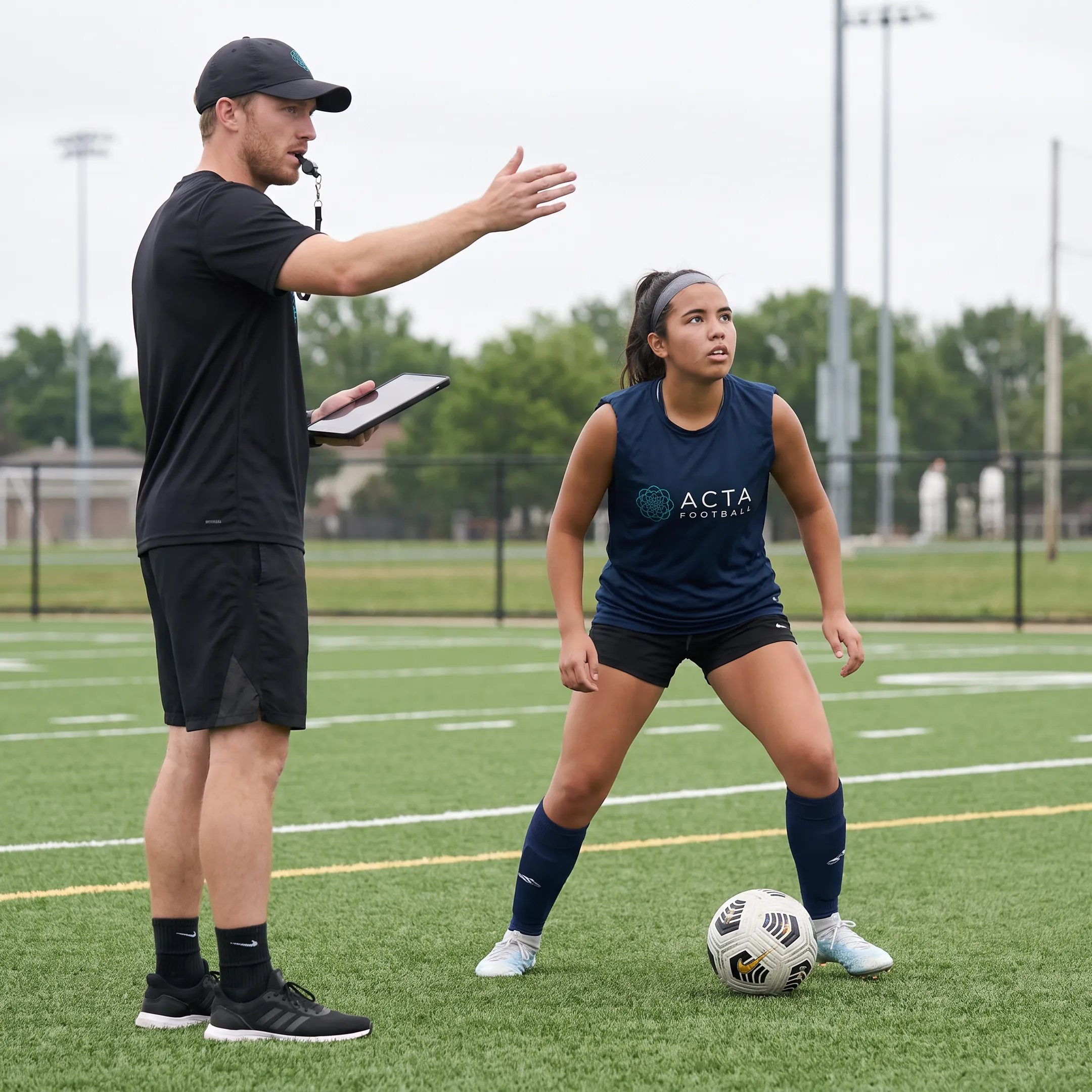 Youth soccer player receiving focused coaching during an academy training session